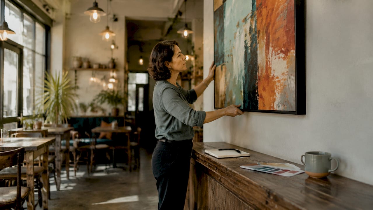 Designer arranging artwork in corporate lobby