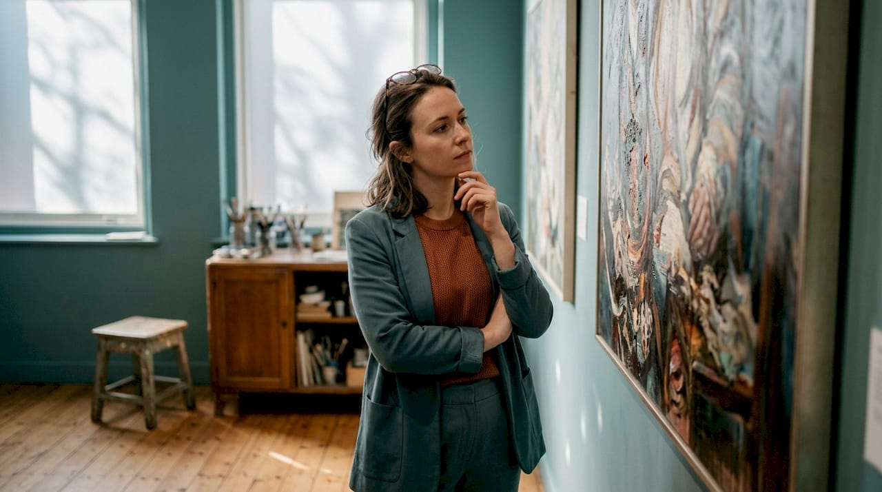 Curator examining thematic art in gallery