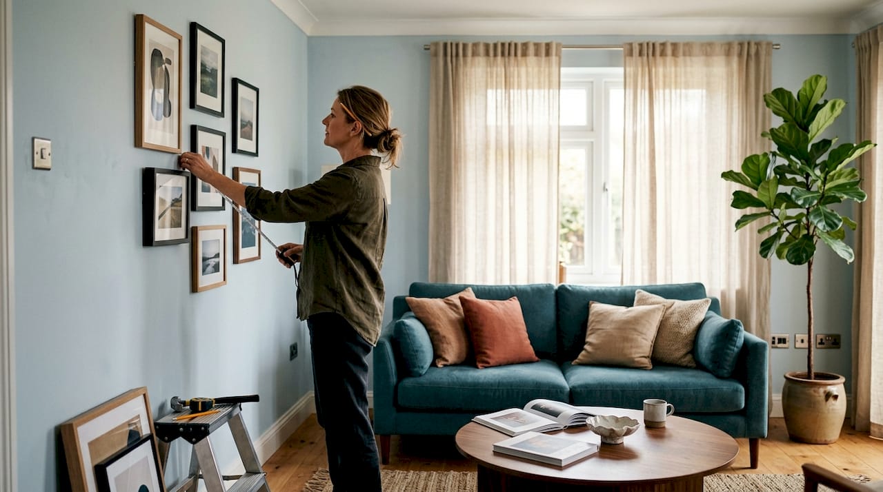 Woman arranging framed art on living room wall