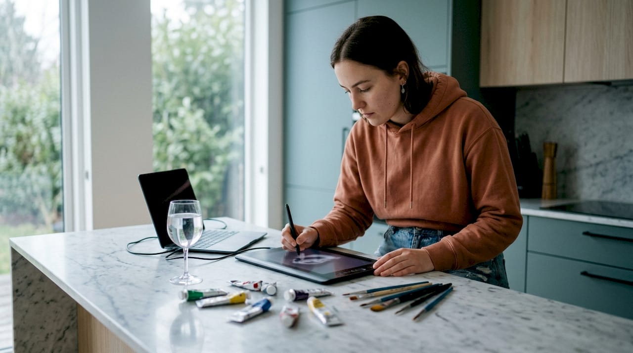 Digital artist working on tablet at home studio
