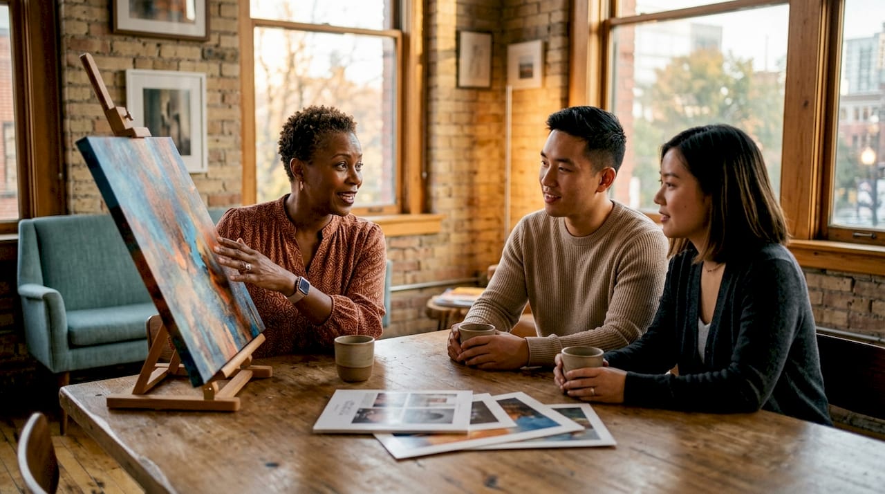 Art consultant reviewing portfolio with clients