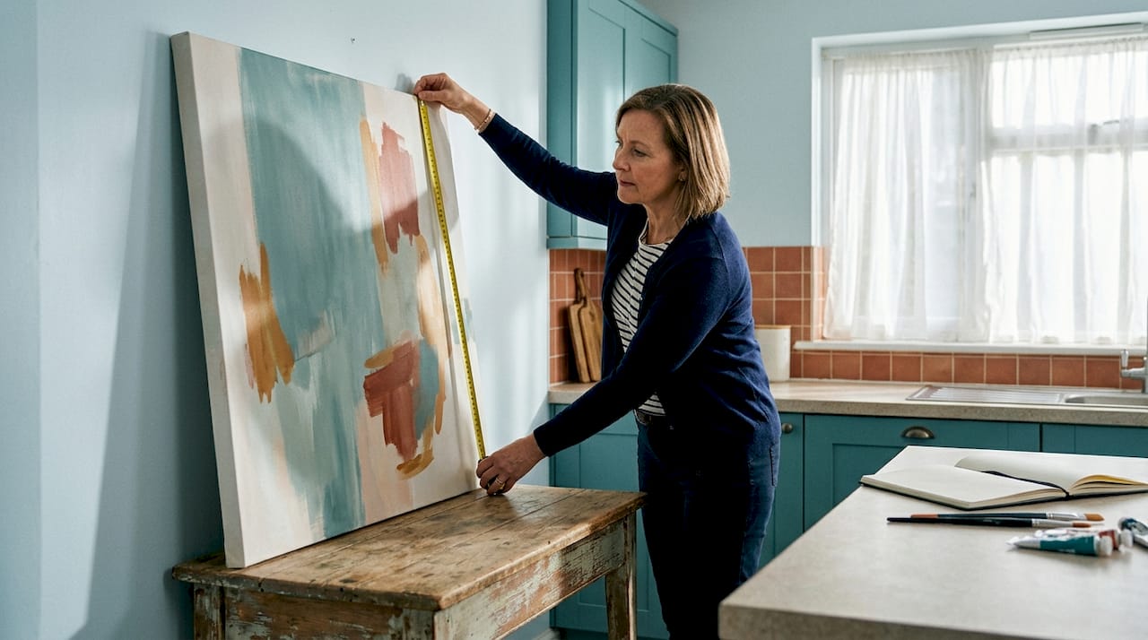 Woman assessing tailored wall art in living room