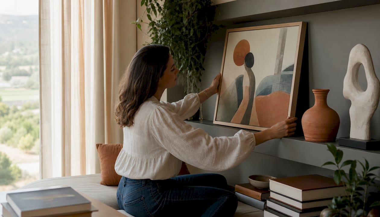 Woman positioning digital art print in living room
