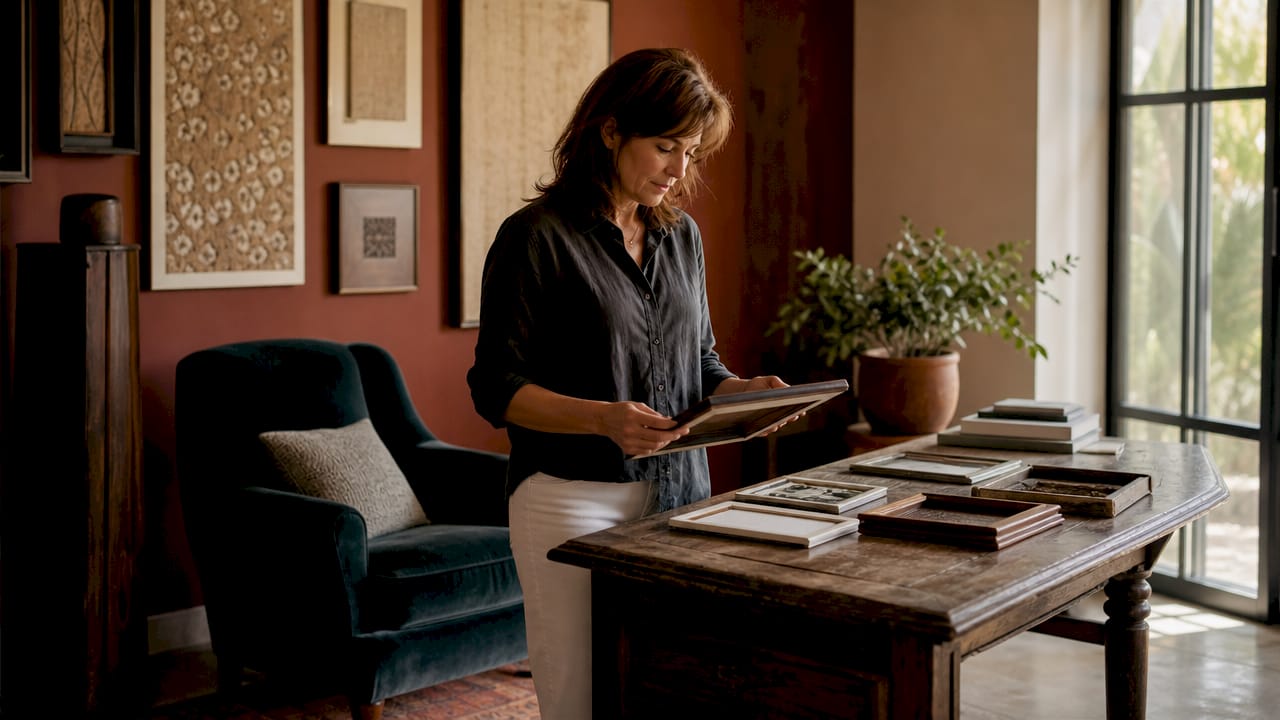 Woman inspecting art frames at home