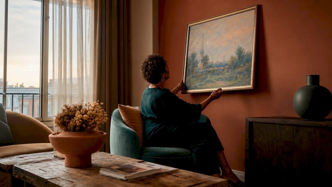 Woman placing painting in living room