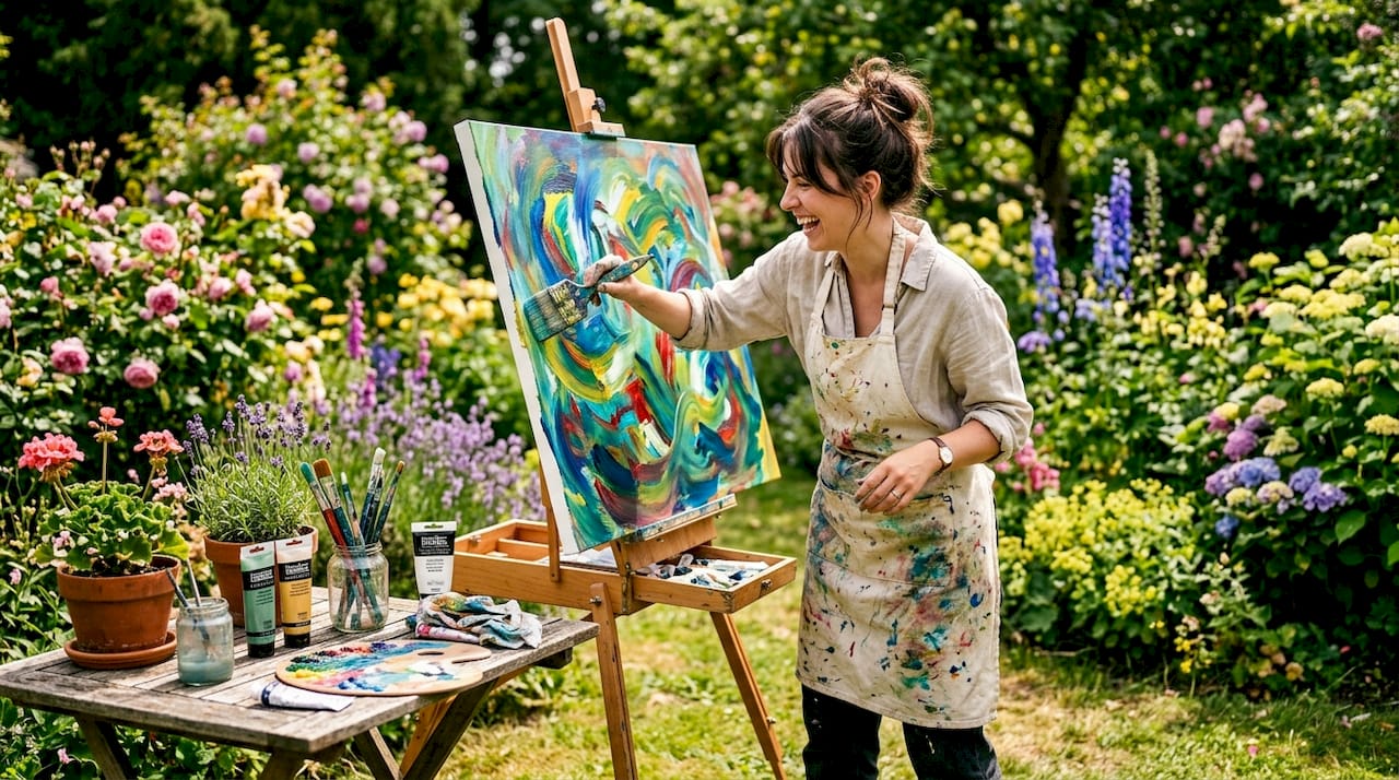 Beginner painting colorful abstract art on canvas