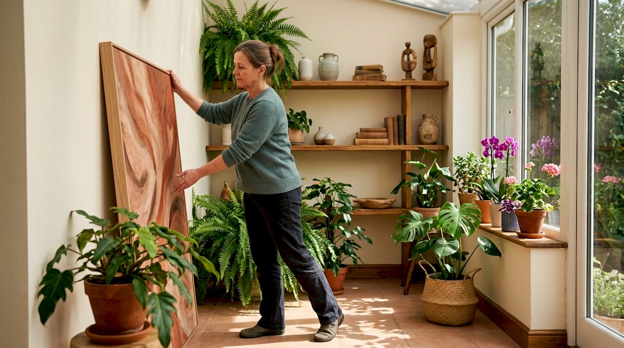 Woman hanging statement art in living room