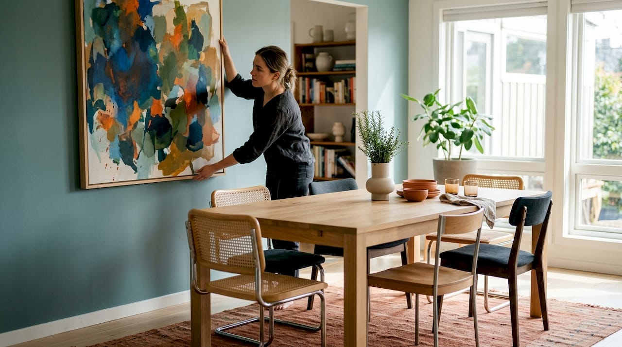 Woman adjusting dining room wall art