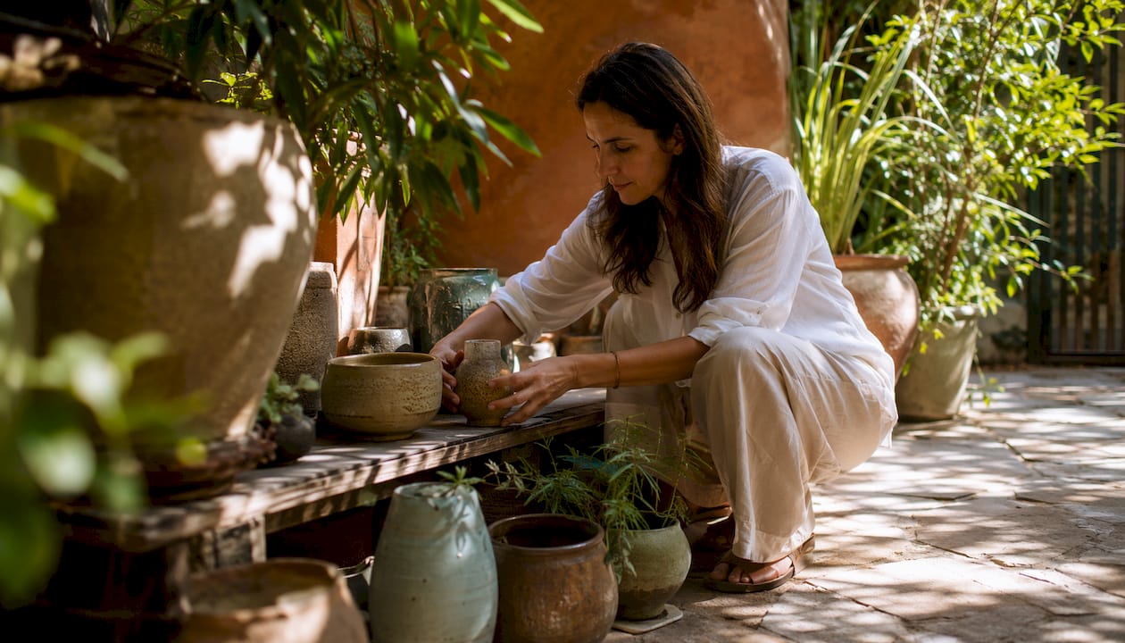 Artist arranging wabi-sabi ceramics in room