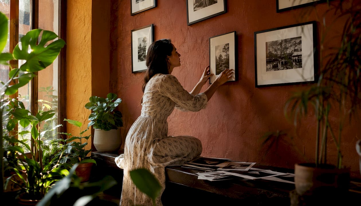 Woman adjusting black and white art print at home