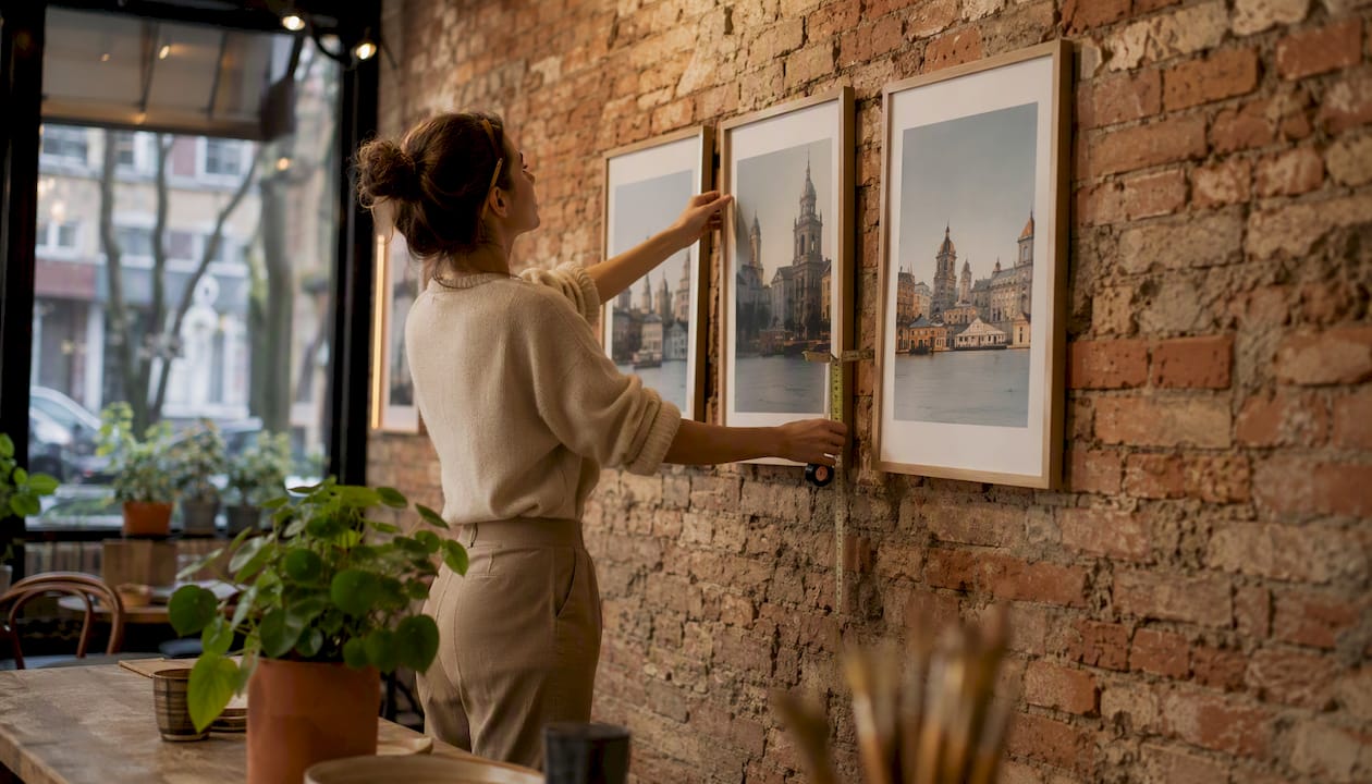 Woman arranging cityscape prints on wall