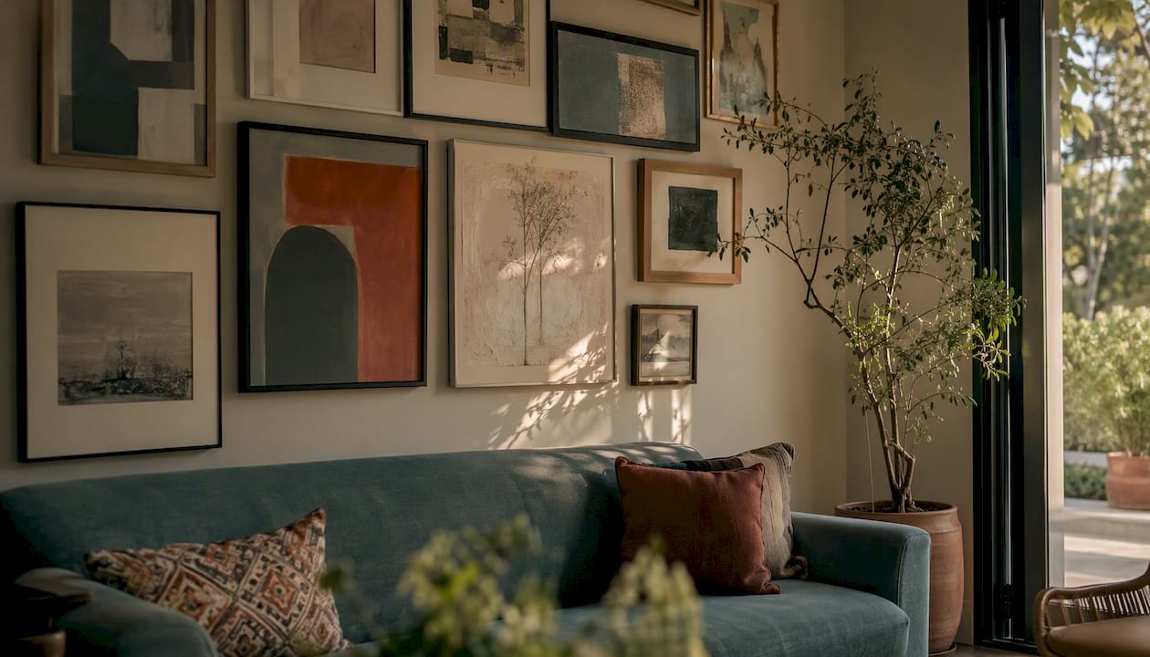 Mixed-media collage wall above sofa