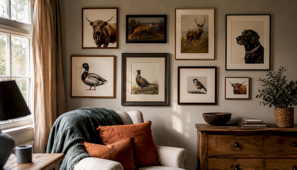 Living room wall with diverse animal art prints