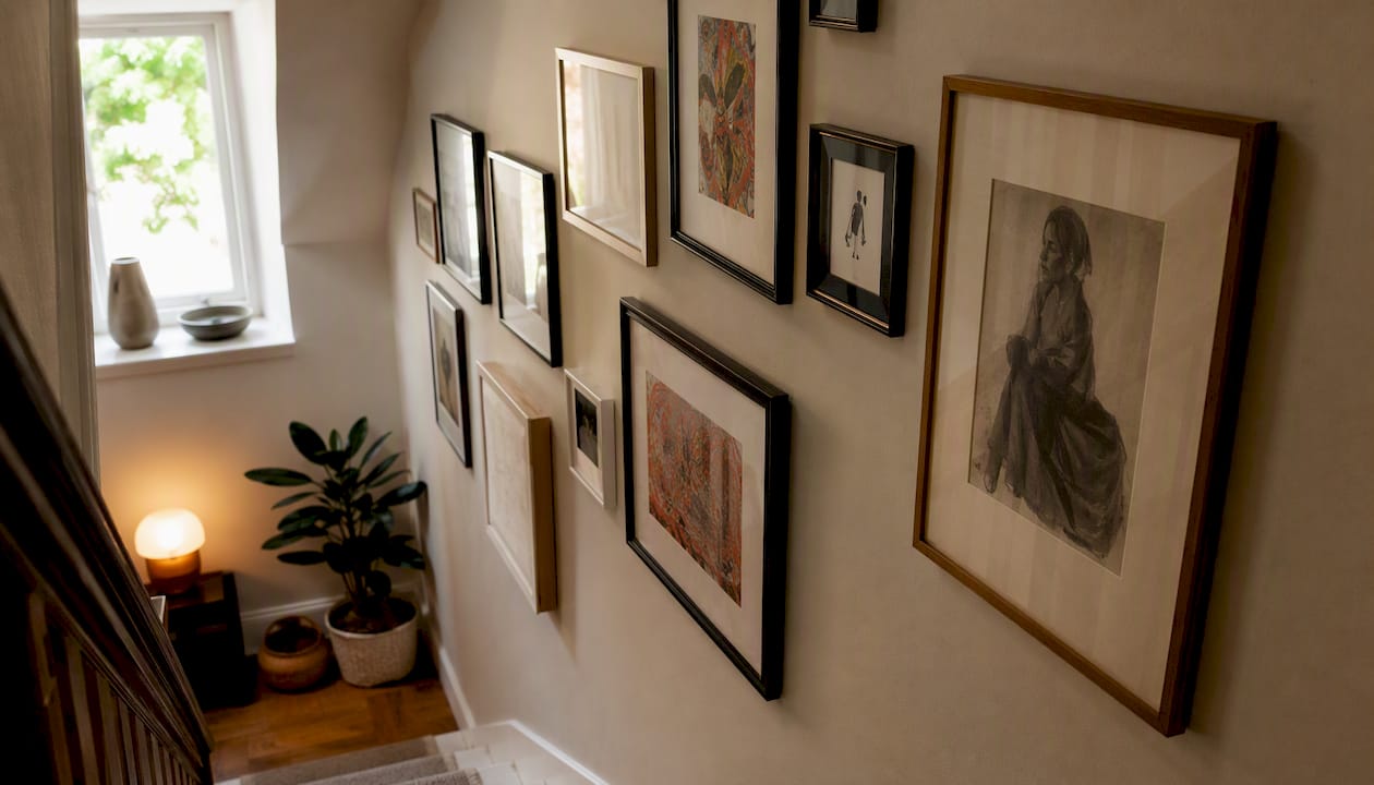 UK home staircase with diagonal framed wall art
