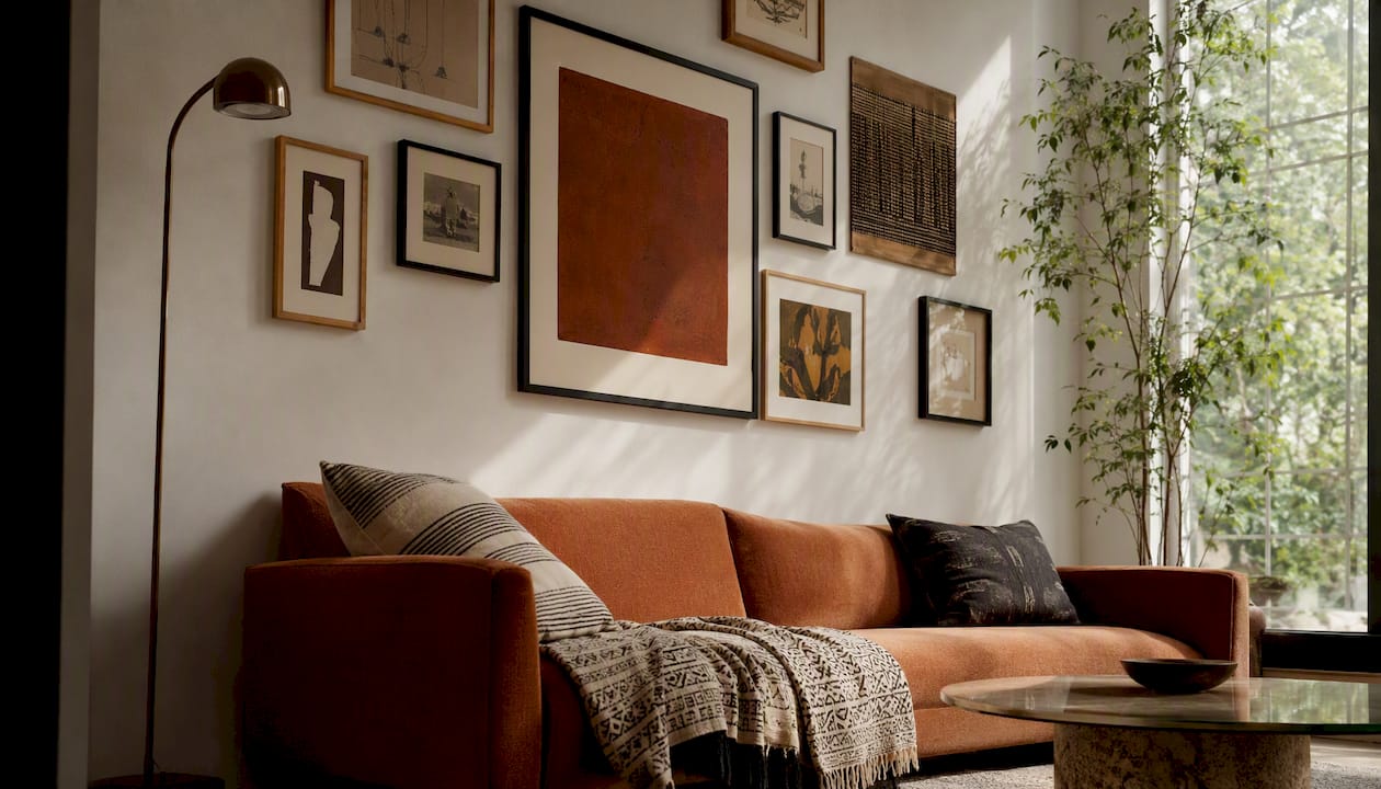 Asymmetrical gallery wall above sofa in living room