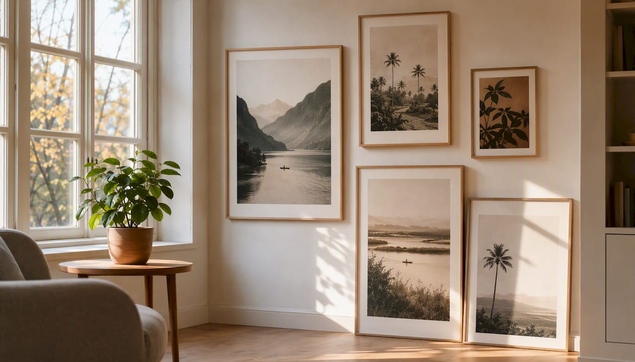 Scandinavian art prints styled on living room wall