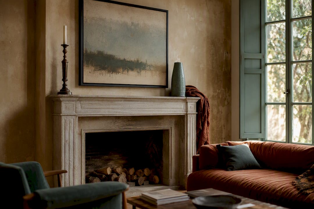 Fireplace mantel with well-sized framed art and styled accessories