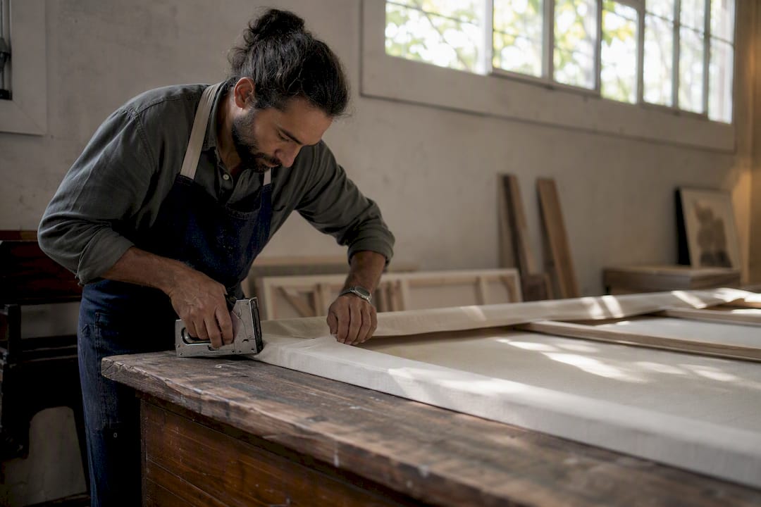 Artisan hand-stretching gallery wrap canvas