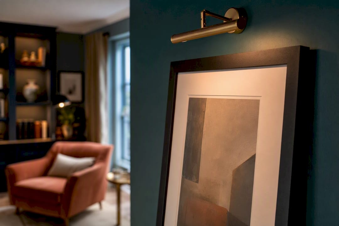Angled light illuminating framed wall art