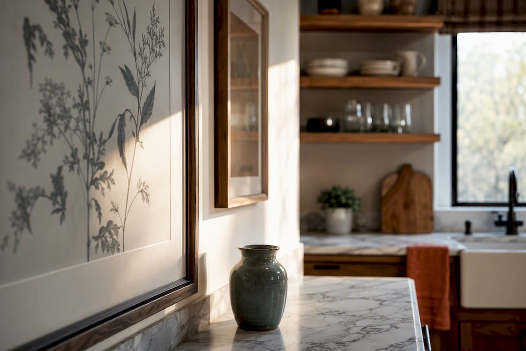 Textured wall art in a warm farmhouse kitchen