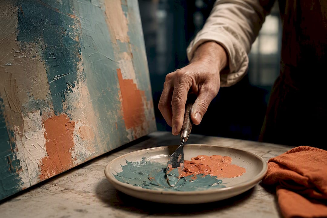 Artist mixing pigments beside abstract canvas