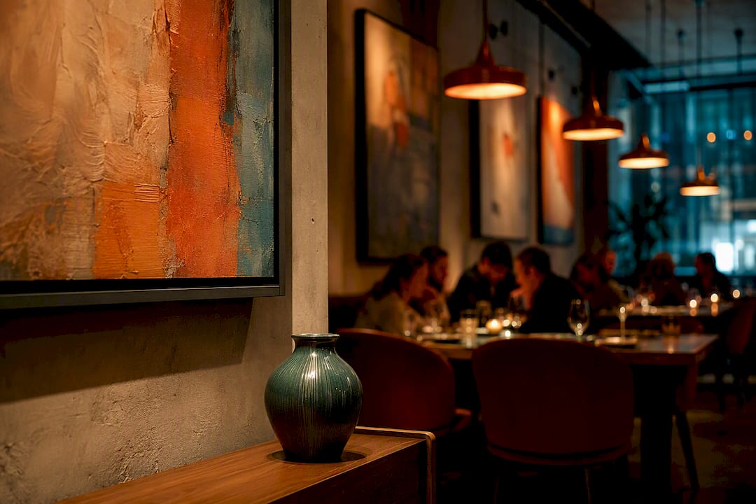 Restaurant dining room with curated wall art