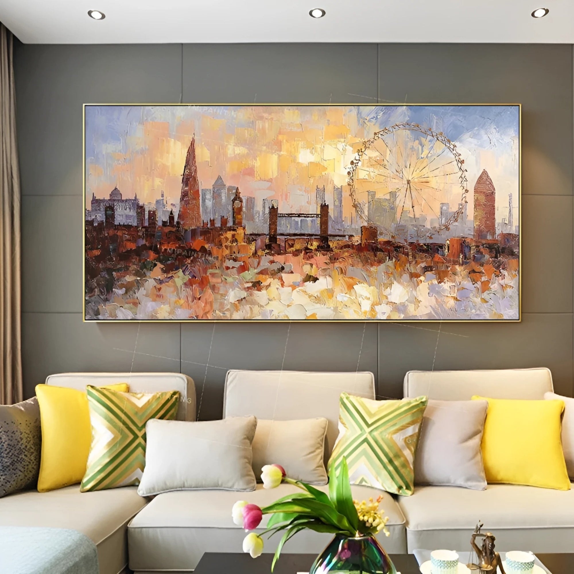 Contemporary cityscape art in sunset palette, depicting London’s silhouette with a dreamy and artistic twist, suited for minimalist or neutral-toned décor.