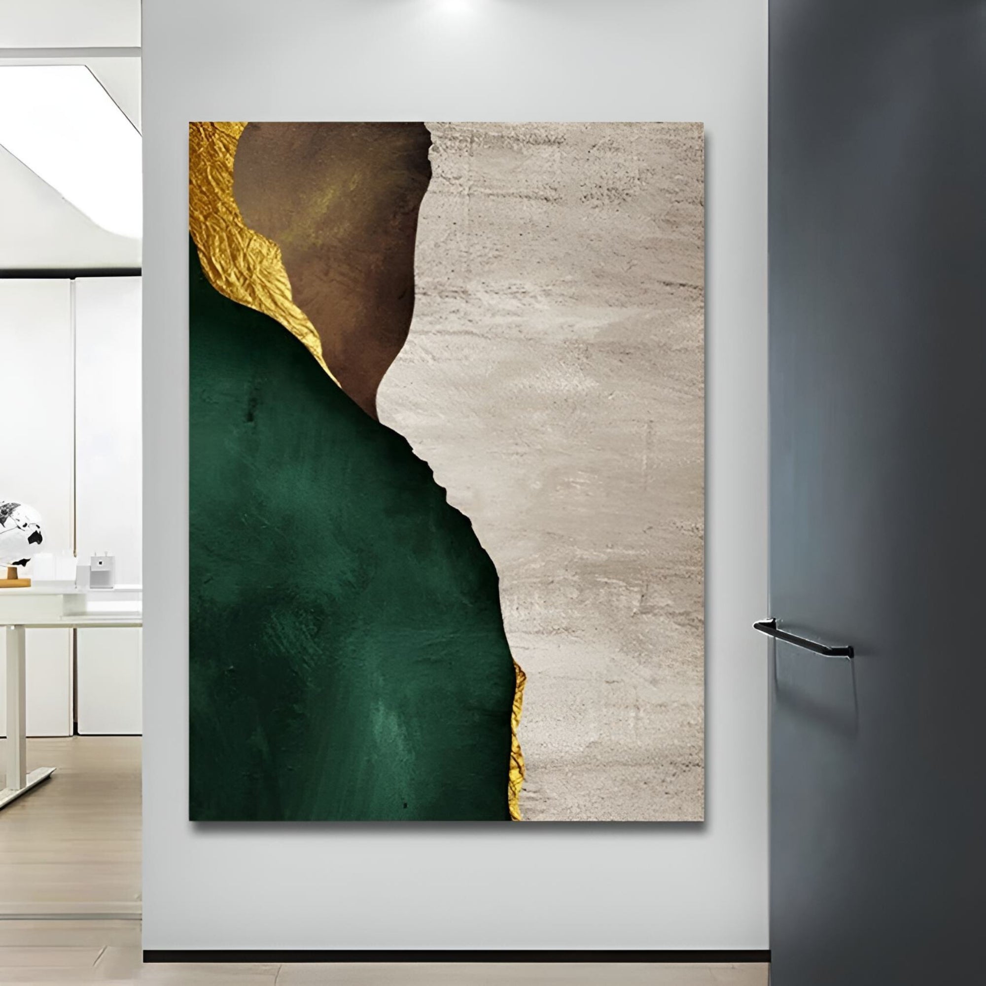 Handmade wall art in earthy tones and deep green, ideal for upscale interiors and muted modern palettes.