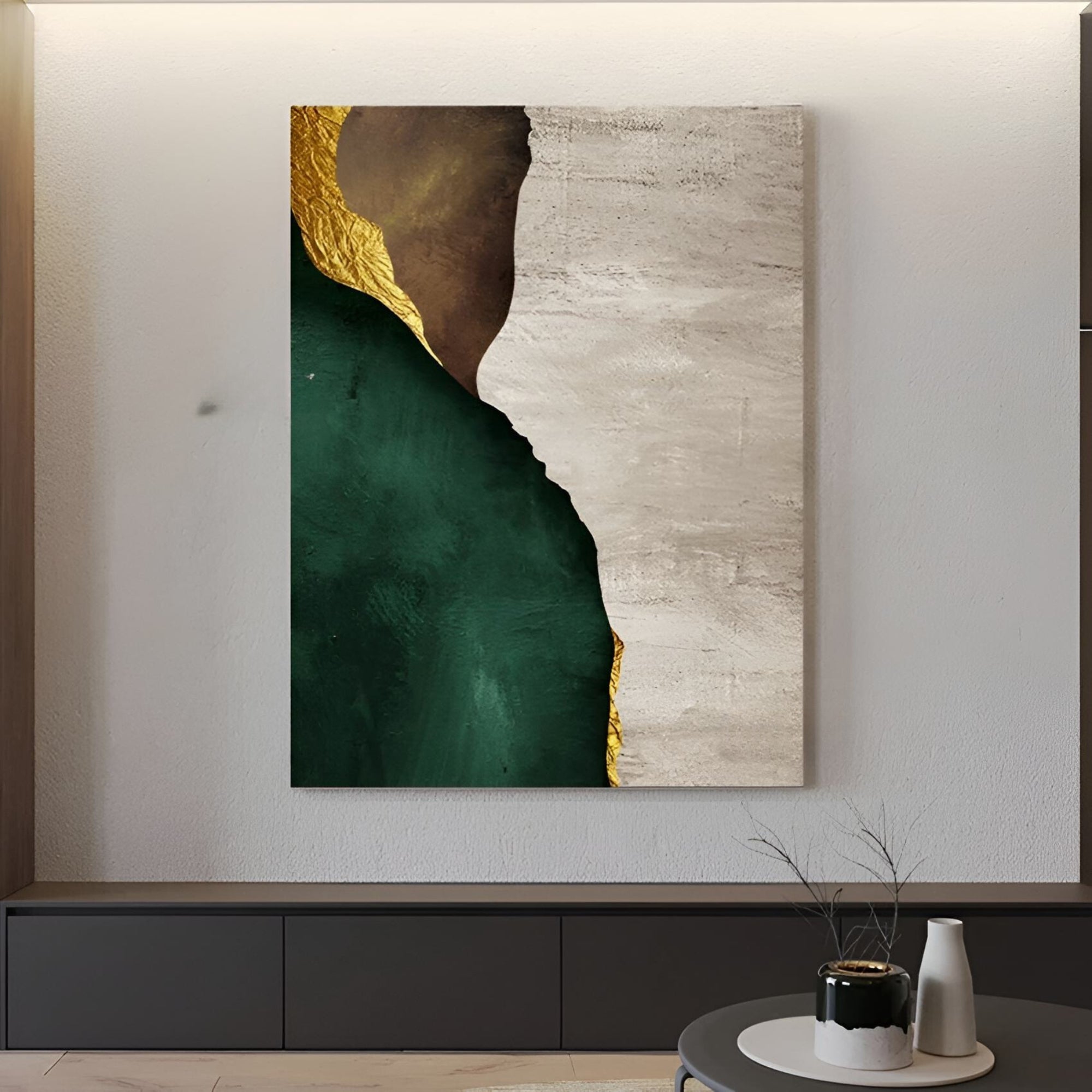 Gold-accented abstract painting, crafted by hand, designed for elegant entryways or natural-toned living areas.