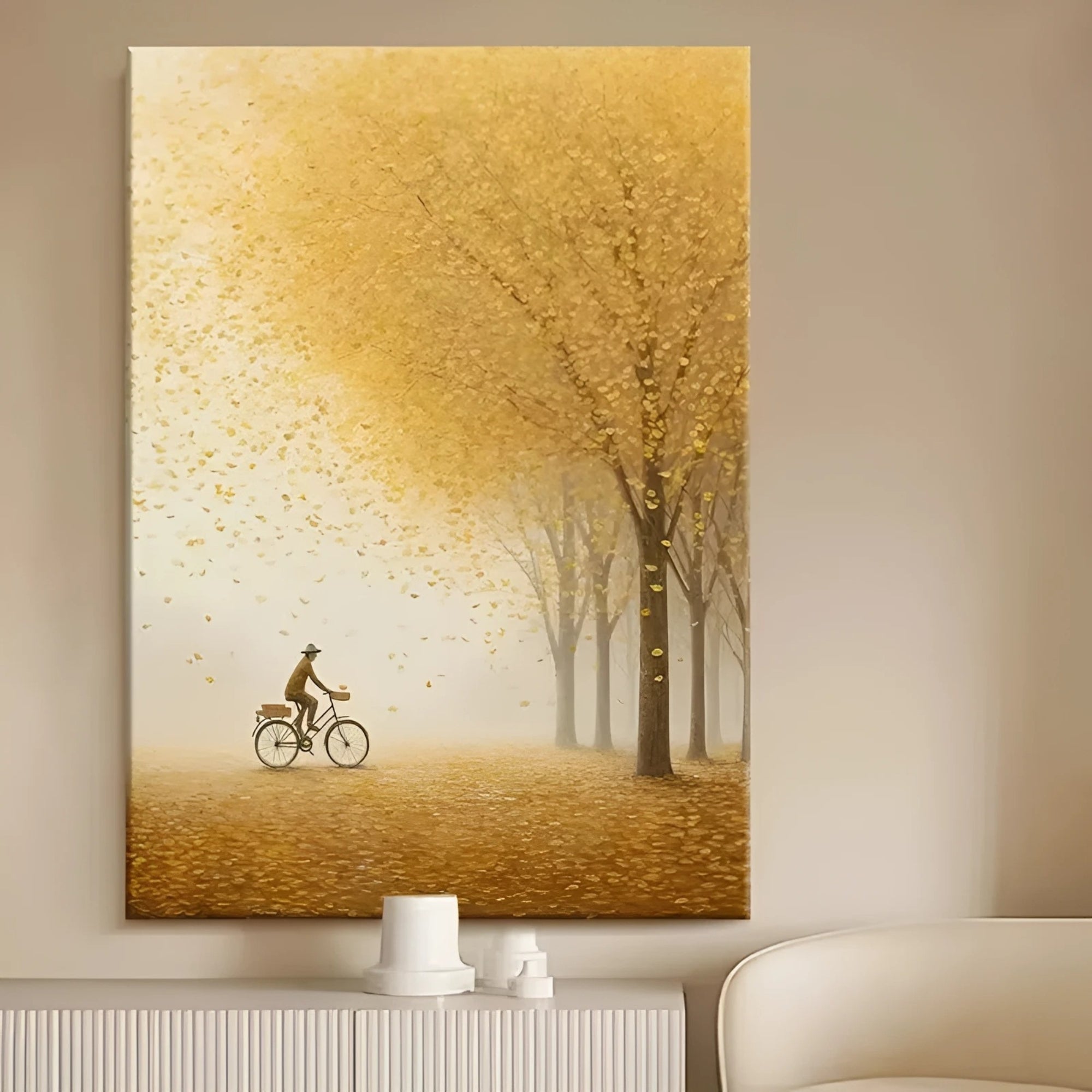 Person biking through fall trees, hand-painted art for nature lovers and warm-toned interiors