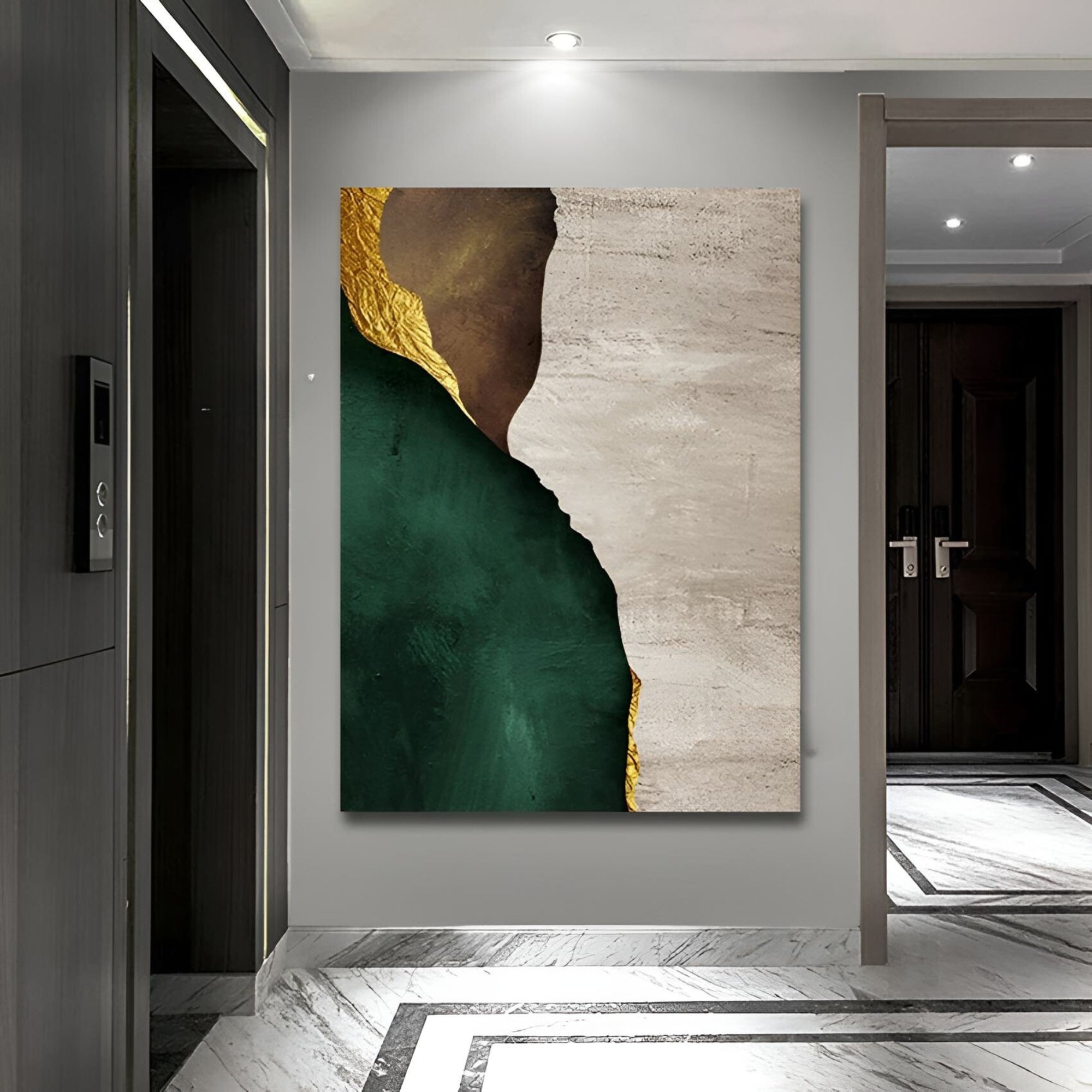 Textured green and neutral handmade painting, suited for gallery walls, kitchen corners, or Scandinavian interiors.