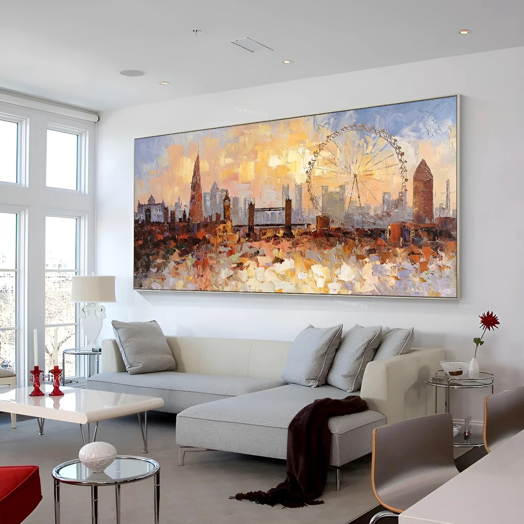 Panoramic abstract London cityscape painting featuring iconic landmarks like Big Ben and the London Eye, bathed in warm sunset tones—perfect for adding a cosmopolitan touch to modern interiors.
