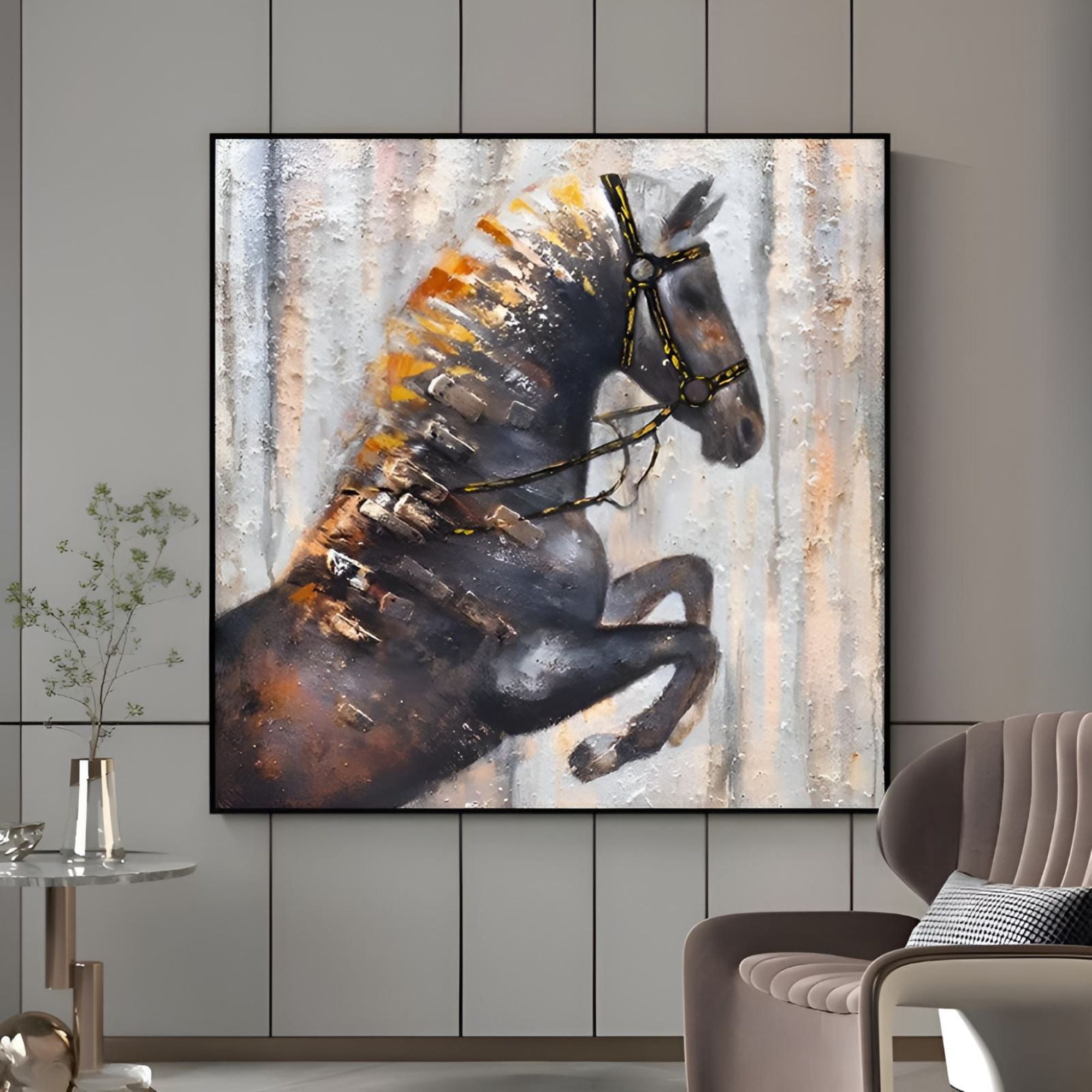 Handmade oil painting of a rearing horse with dynamic brushstrokes, perfect for luxury home or office spaces.