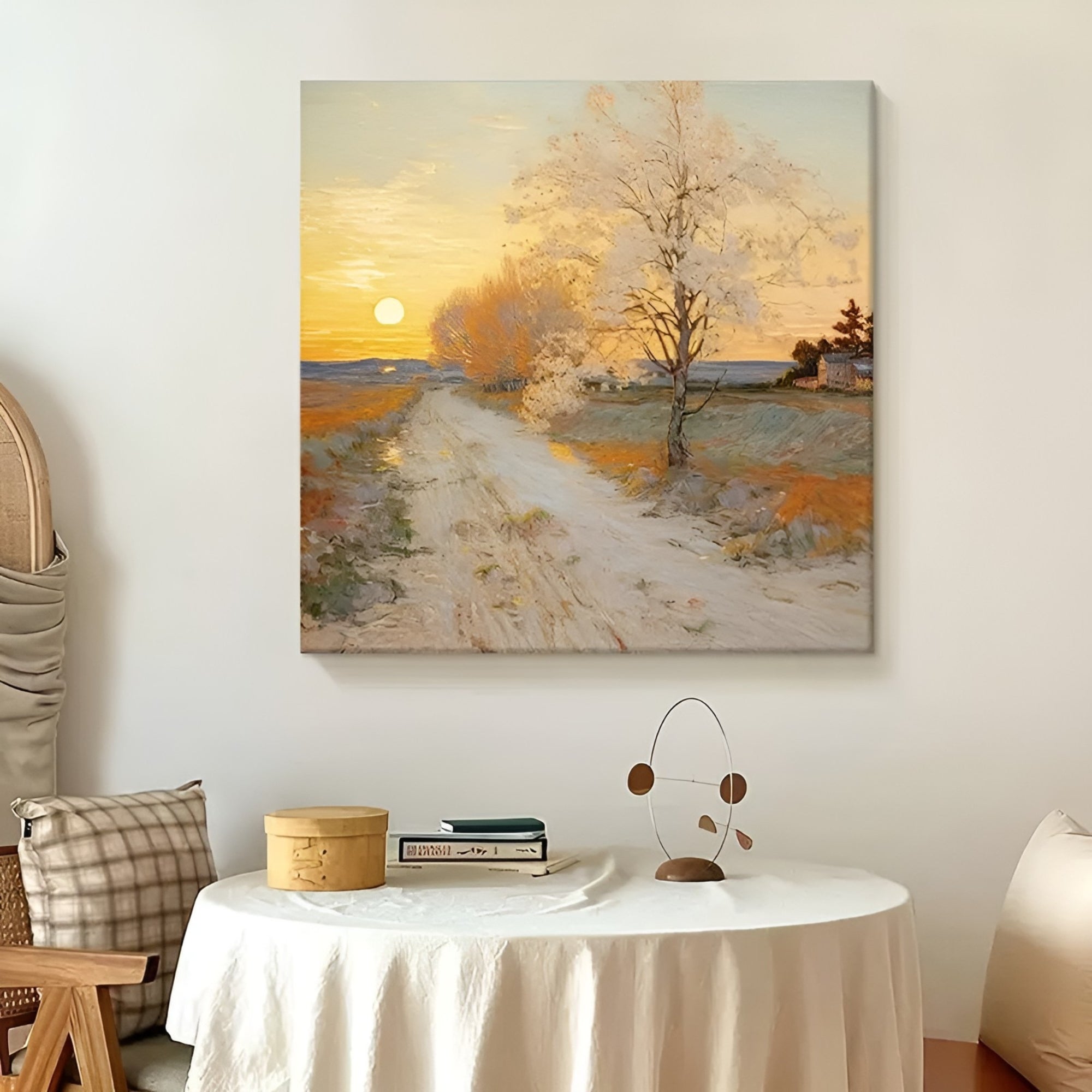 Golden hour handmade forest trail painting framed in wood, displayed in elegant living room setting.