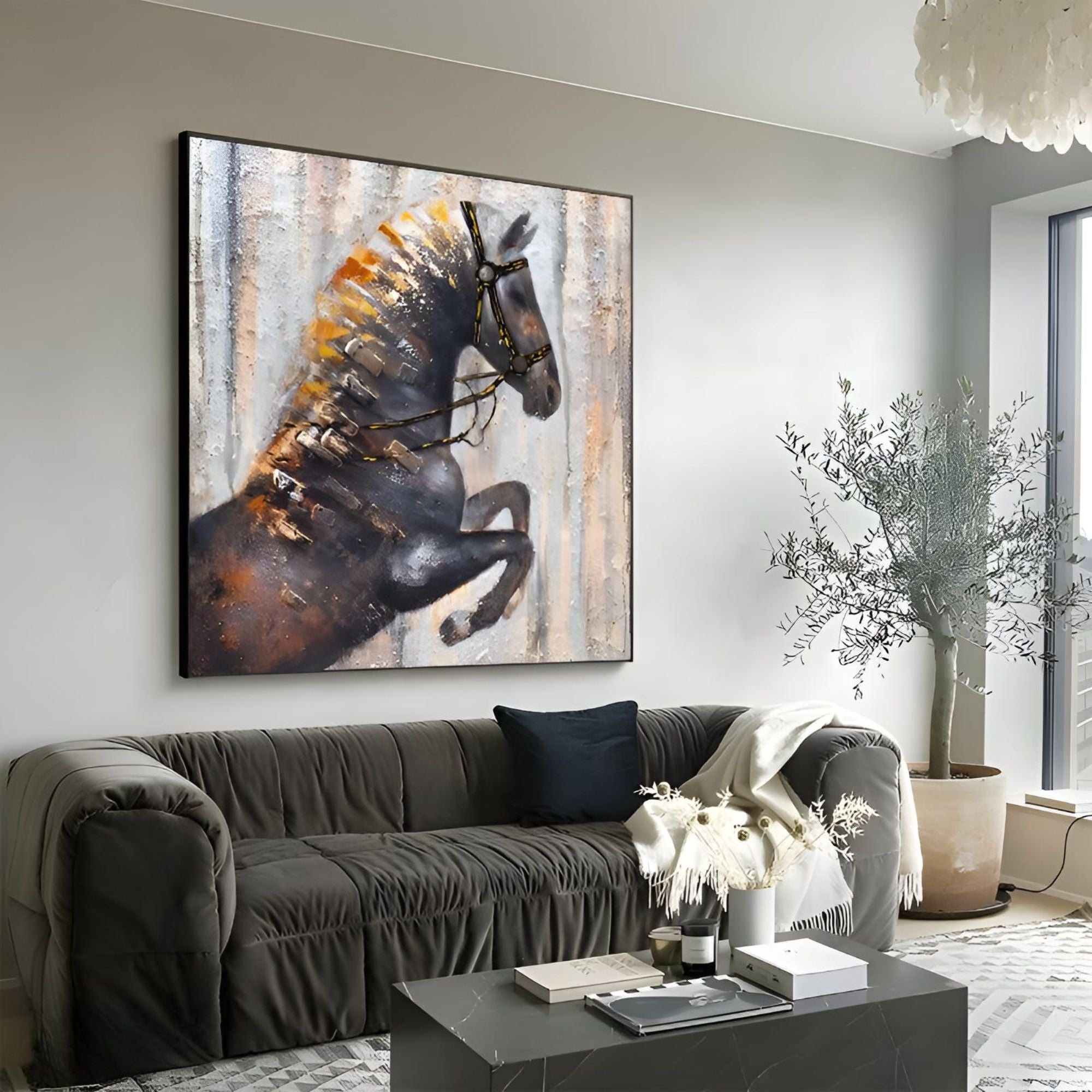 Expressive handmade horse painting in oil, ideal for modern interiors, hotel lobbies, or art-focused workspaces.