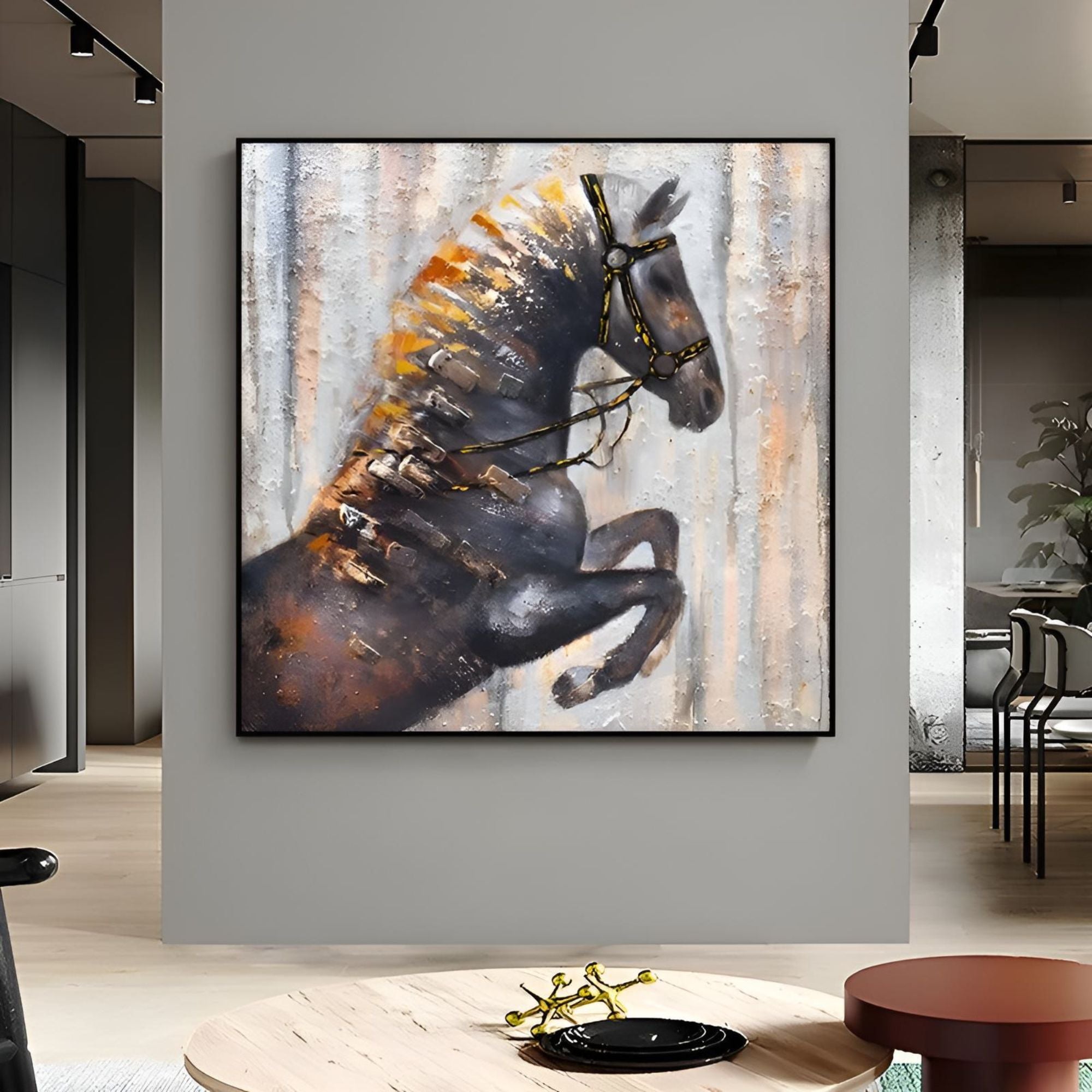 Textured oil painting of a powerful horse, handmade for upscale living rooms, offices, or gallery walls.