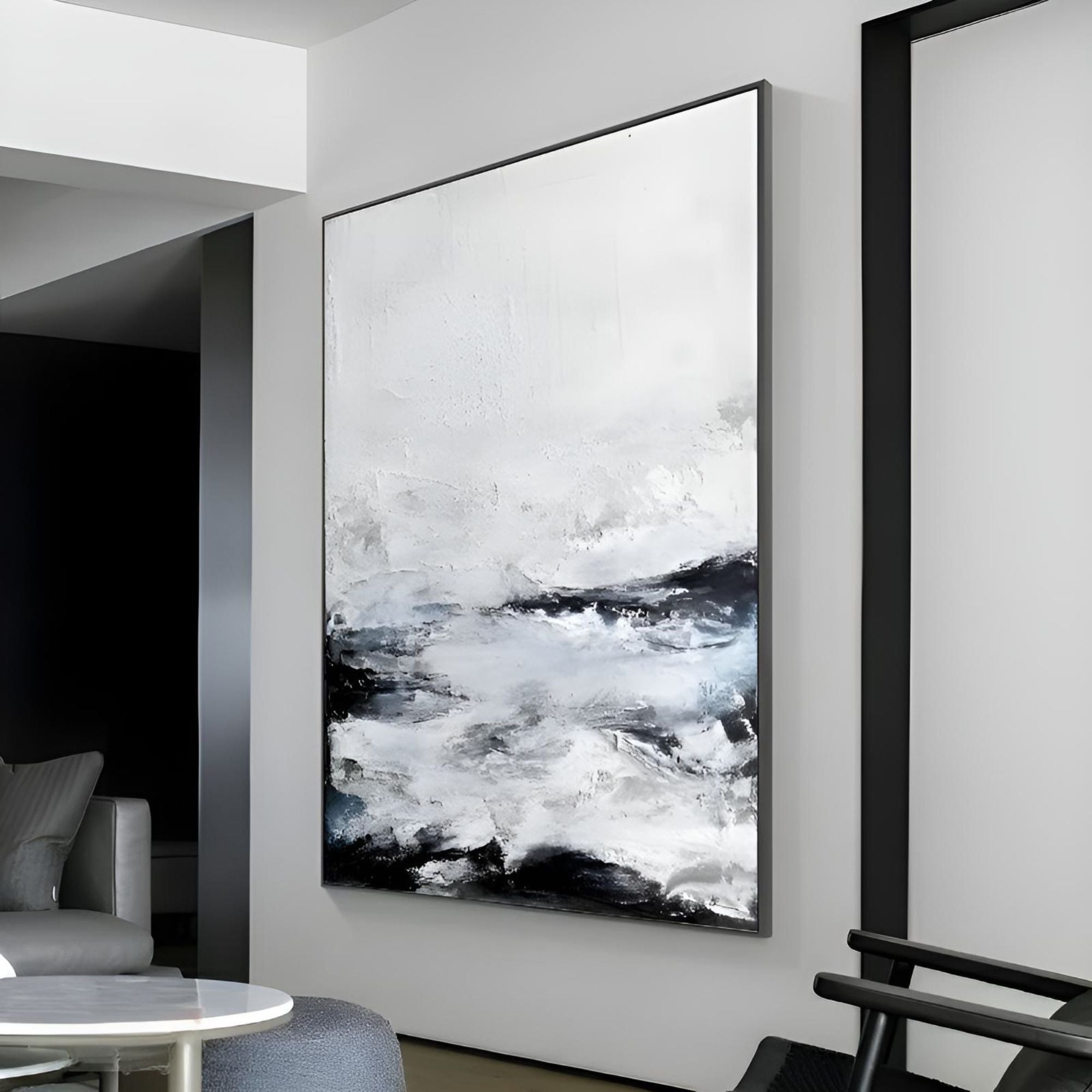 Abstract handmade oil painting with dramatic black and white strokes, ideal for lounges.