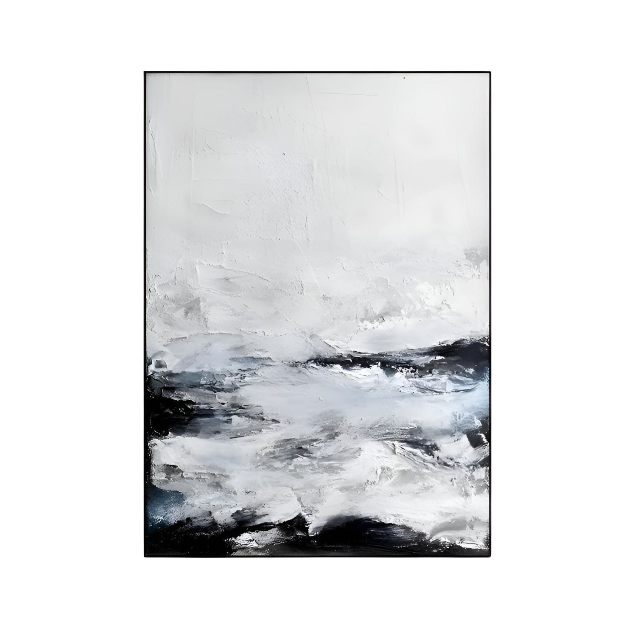 Close-up of handmade oil painting with textured black and white ocean waves, perfect for stylish spaces