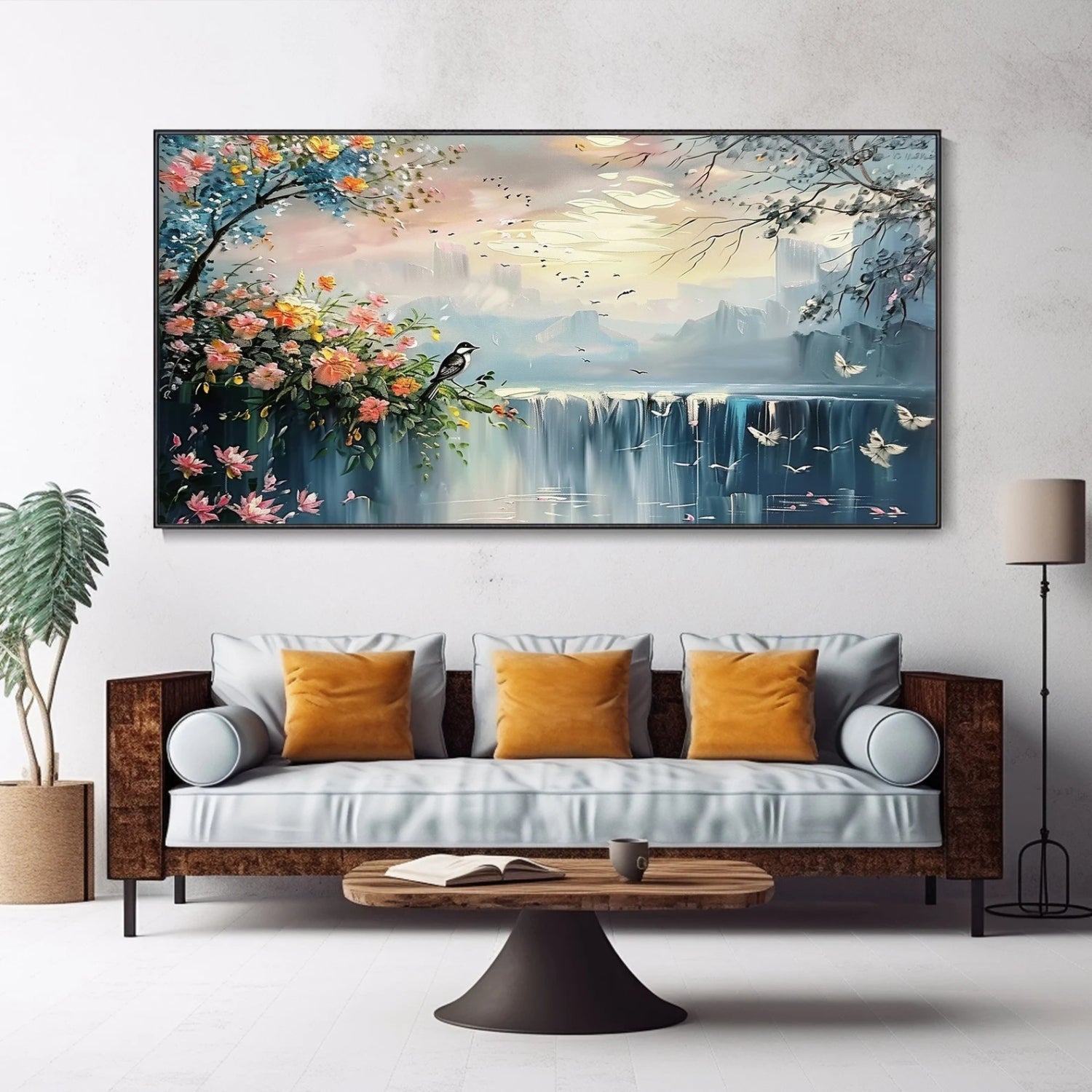 Handmade oil painting with floral and waterfall scenery, perfect for modern interiors. Tranquil nature wall art for elegant decor.