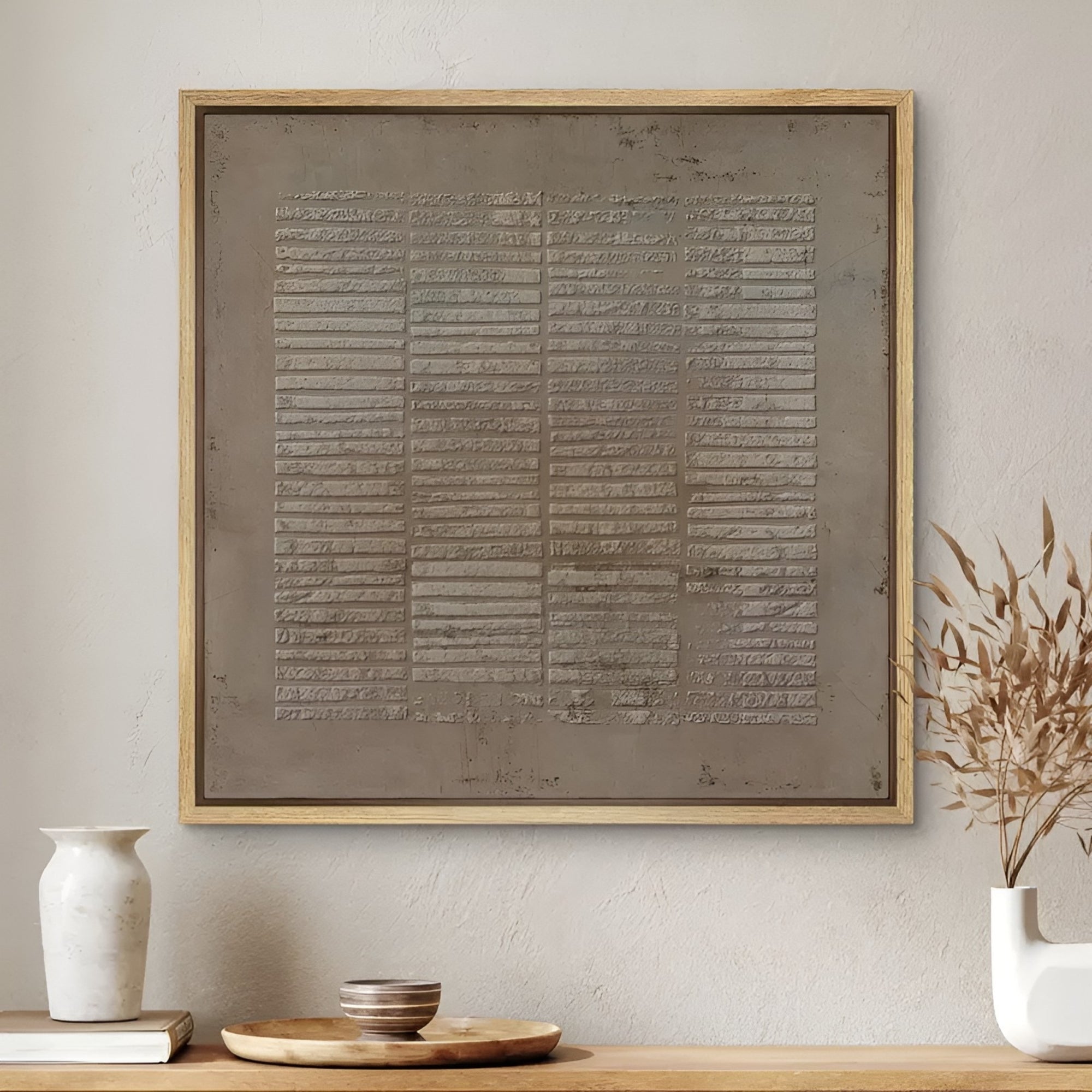 Rustic-inspired abstract artwork featuring geometric texture, handcrafted for sophisticated minimalist wall decor.