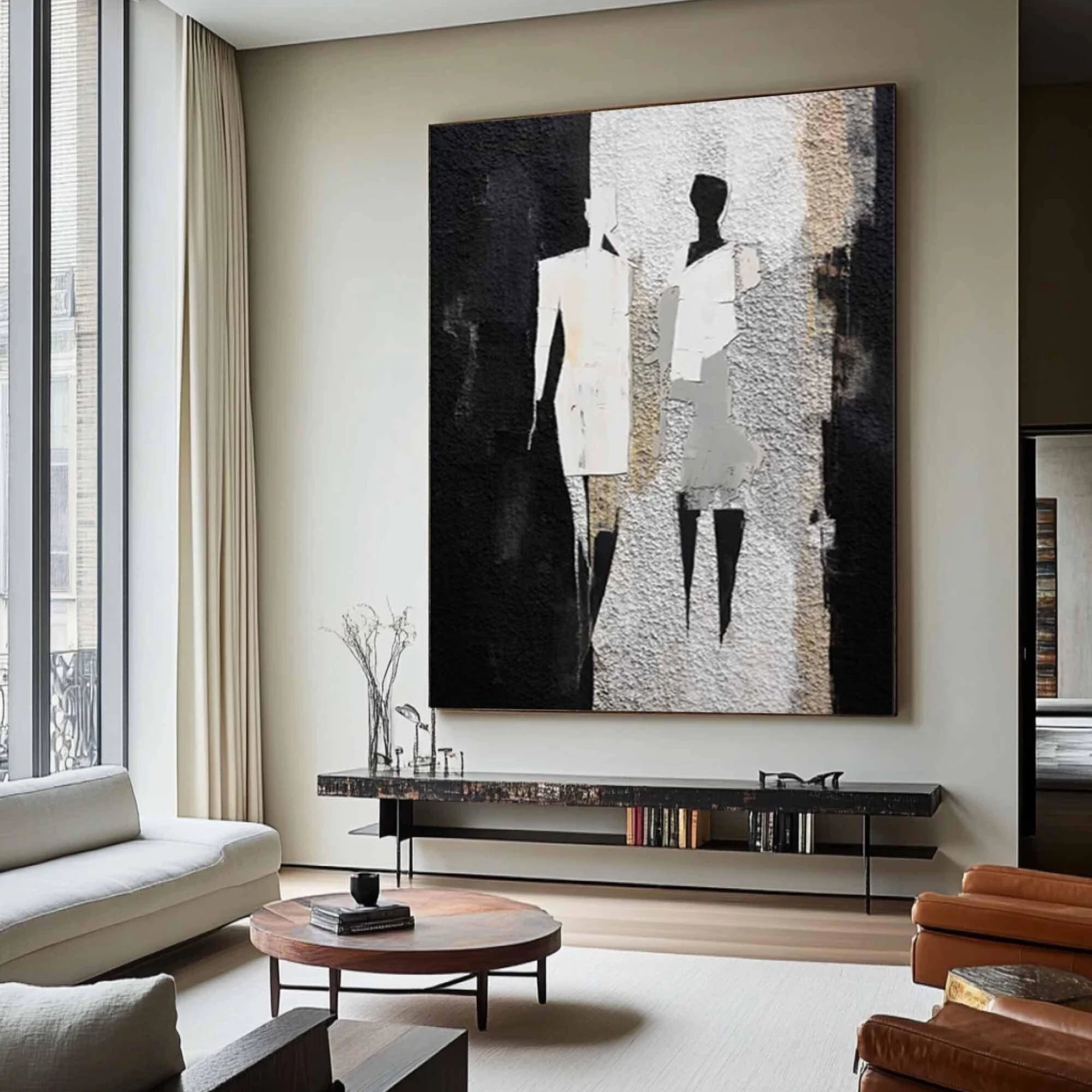 Abstract Silhouette Couple Oil Painting on Textured Canvas in Monochrome Palette – A sophisticated piece capturing two figures in minimalistic form, ideal for modern office spaces, lobbies, or high-end studios.