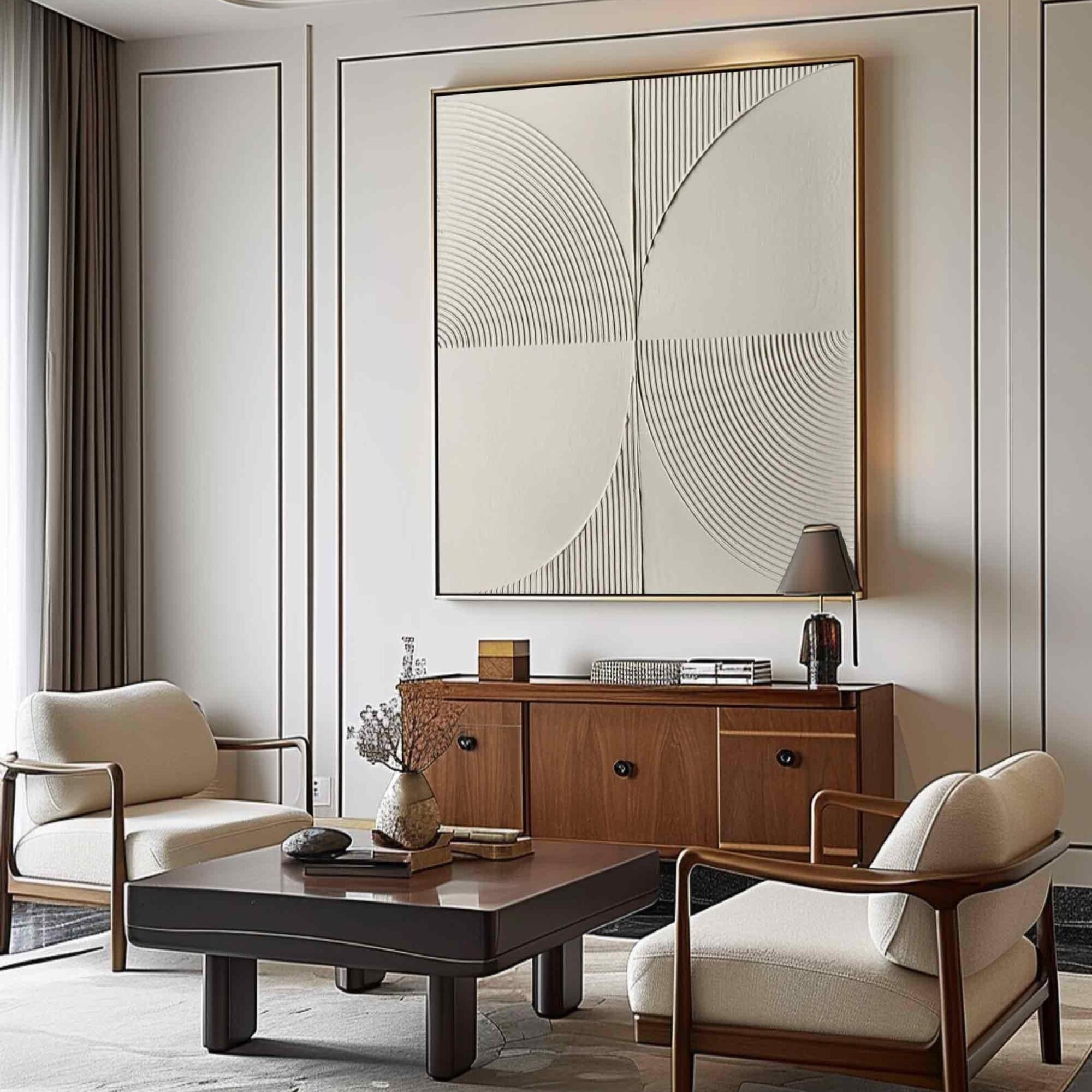 Modern geometric painting with raised texture and gentle curves, crafted in soothing neutral hues—fits beautifully in homes with clean architectural lines, Japandi interiors, or monochromatic decor themes.