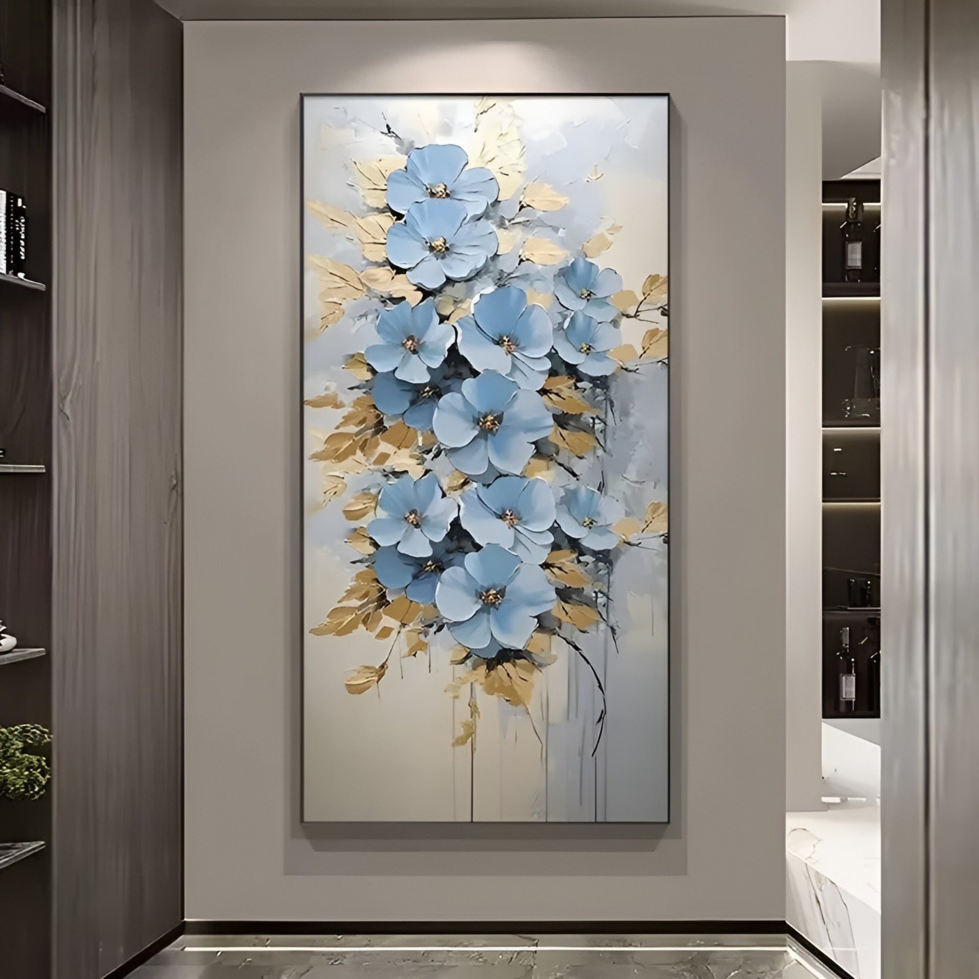 Handmade oil painting of blue floral bouquet with gold leaves, modern wall art for elegant home or office decor.
