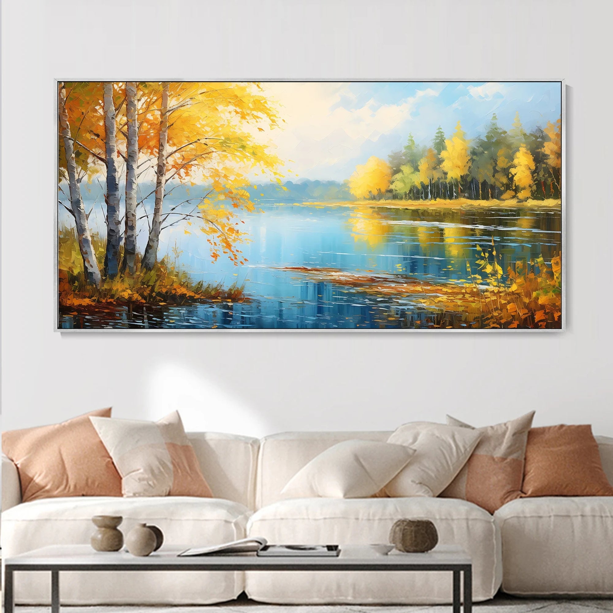 Colorful autumn lake landscape painting in modern living room with wood panel wall decor