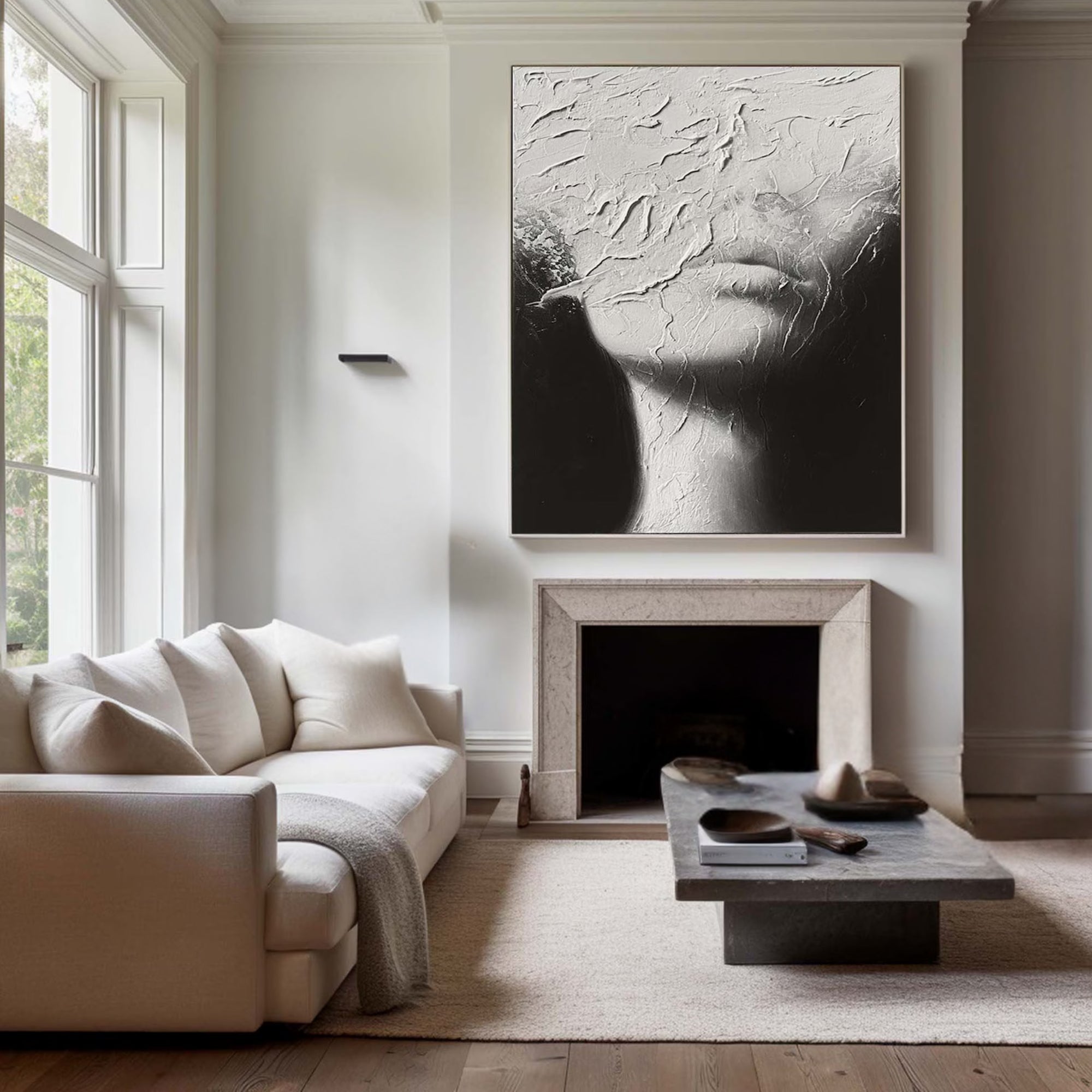 Minimalist handmade oil painting featuring textured woman's face, perfect for elegant living rooms, offices, or studios.