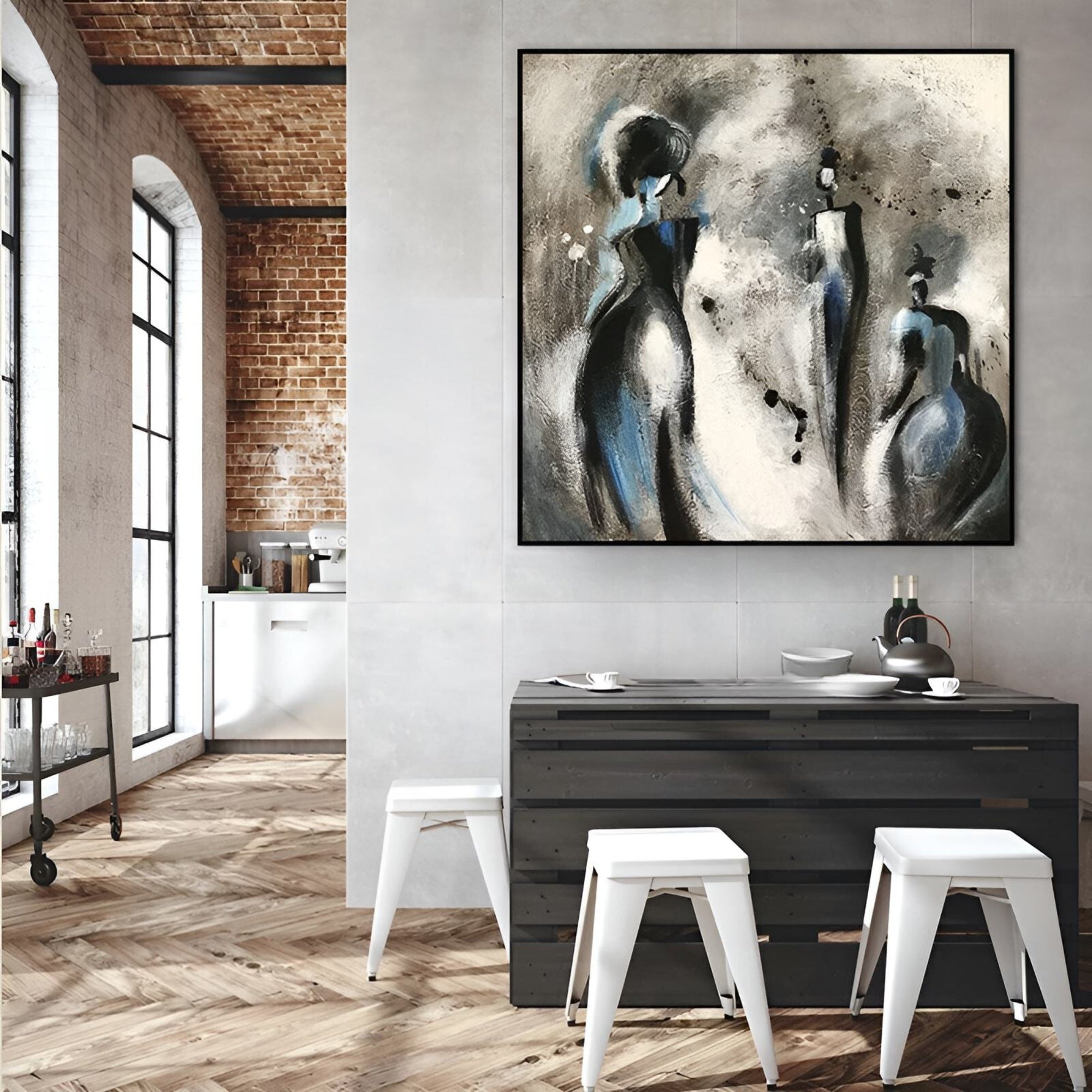 A handmade abstract oil painting that brings depth and mystery to restful bedroom corners