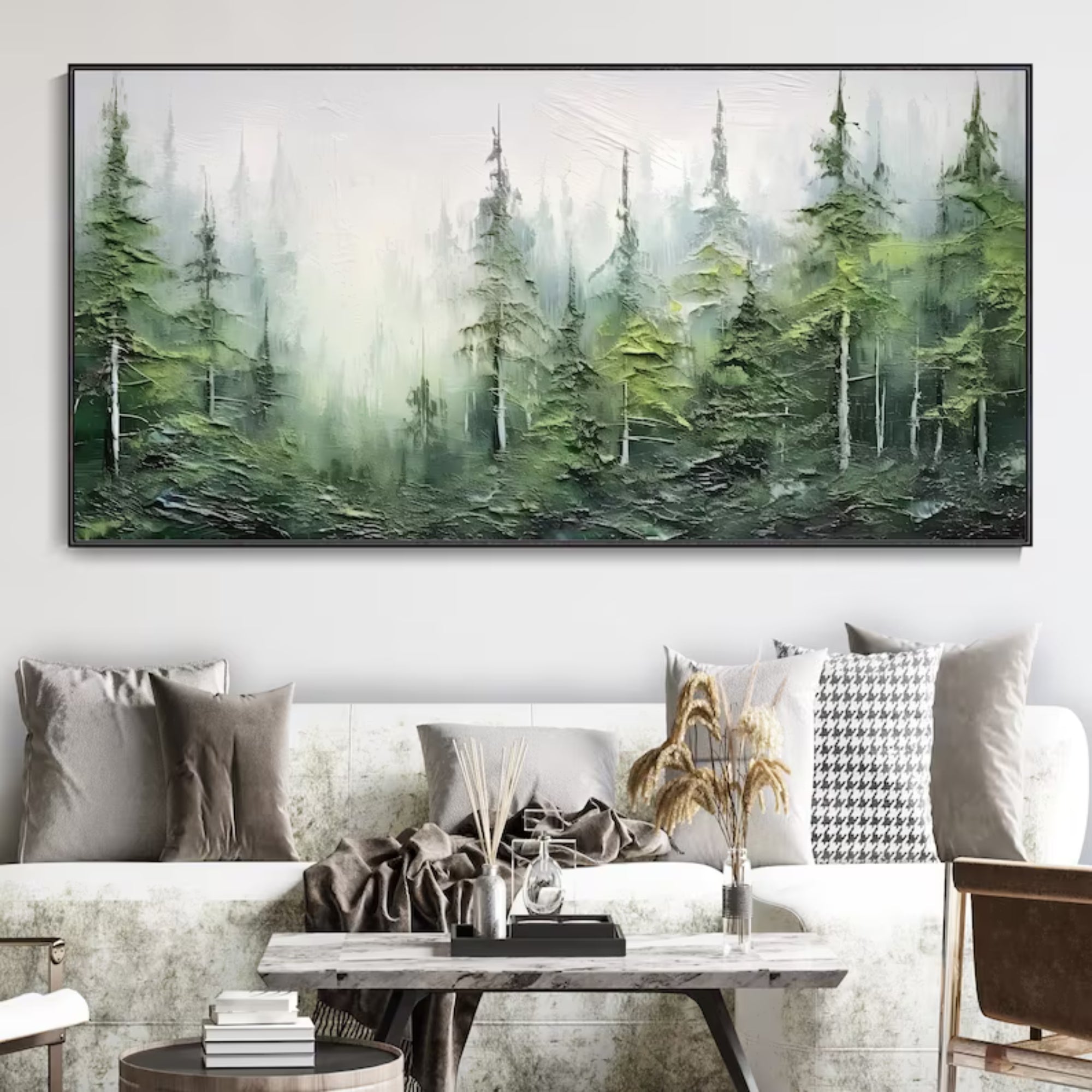 Serene misty forest landscape painting with lush green pine trees, creating a calming and natural atmosphere.
