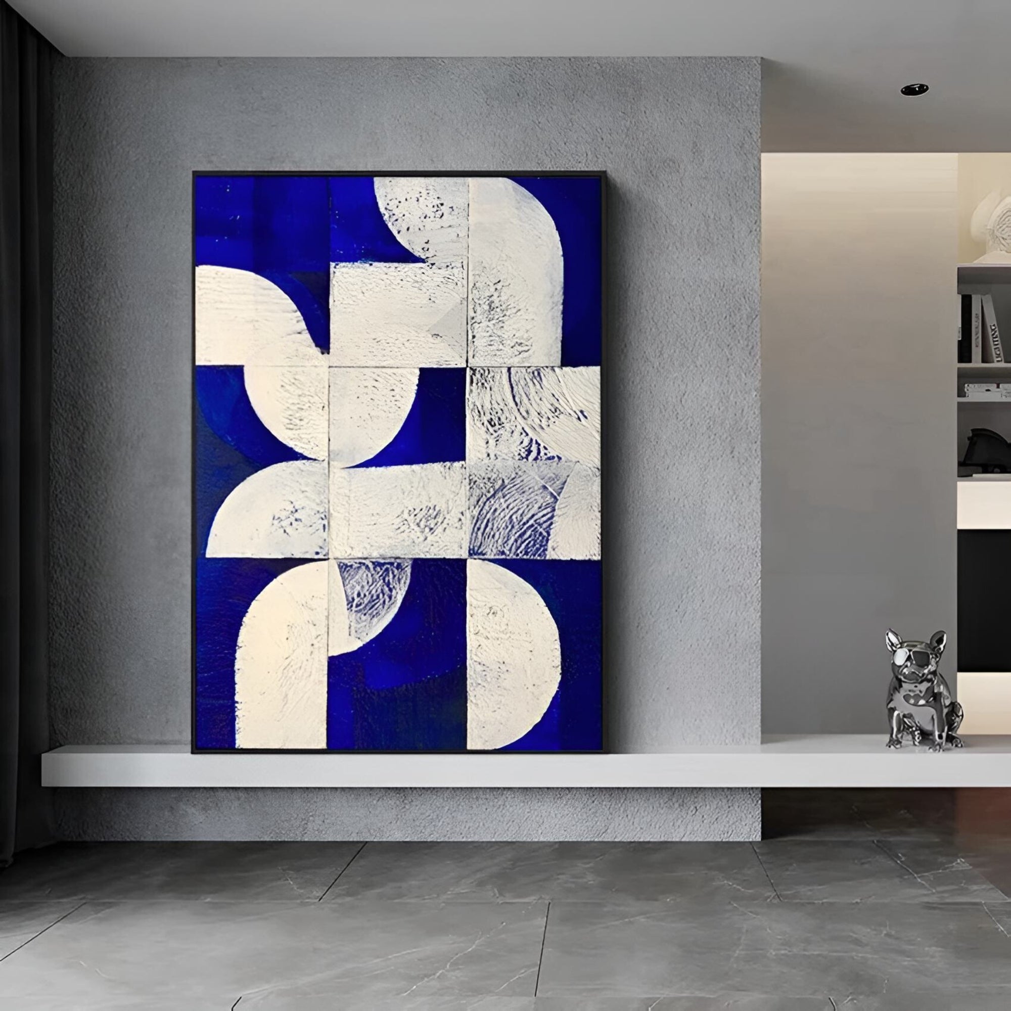 Minimalist abstract painting blending structured white shapes with a textured navy blue background.
Best suited for a stylish reading nook, a gallery wall, or a creative design office.