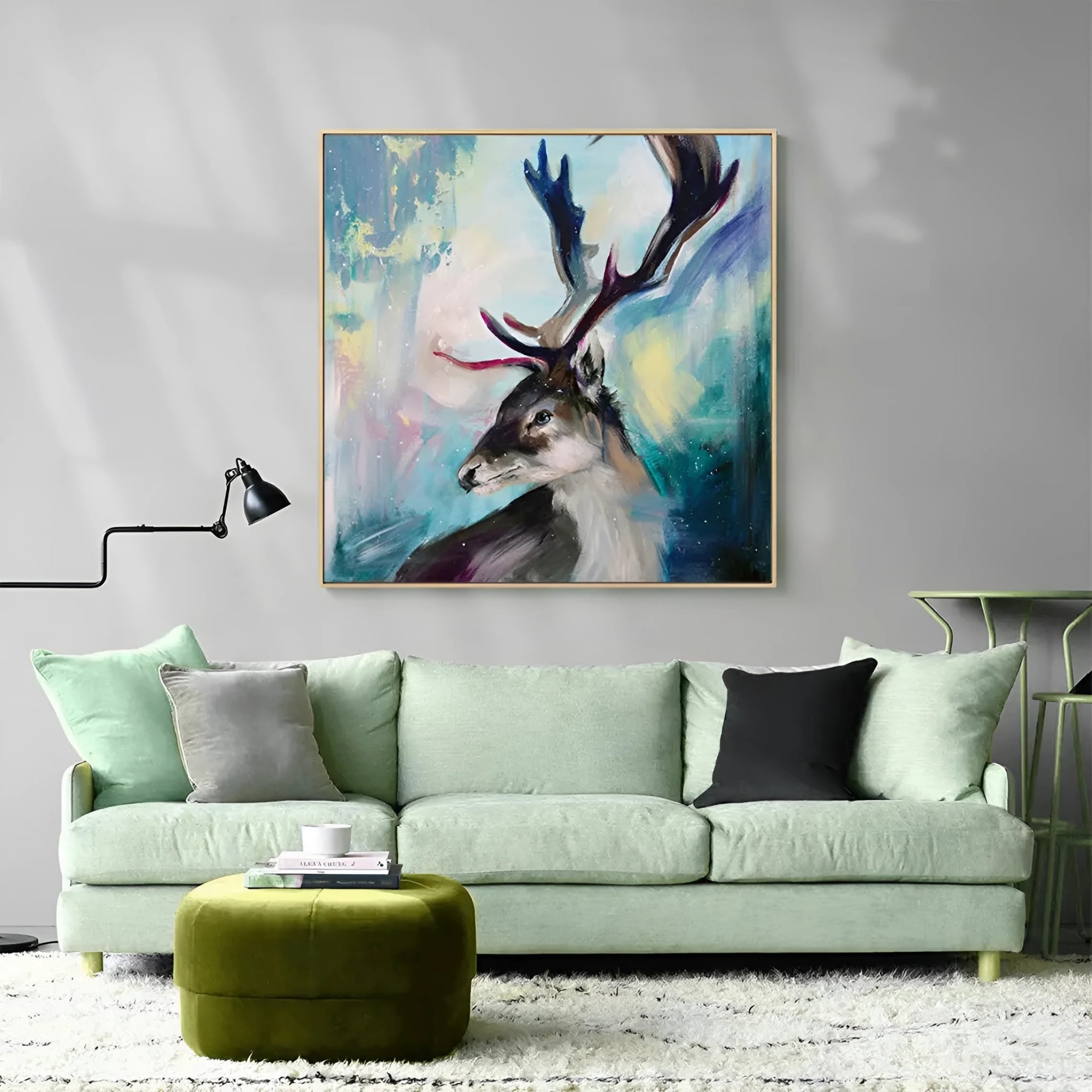 Artistic reindeer oil painting in vivid colors, great for statement walls in eclectic or Nordic-inspired interiors.