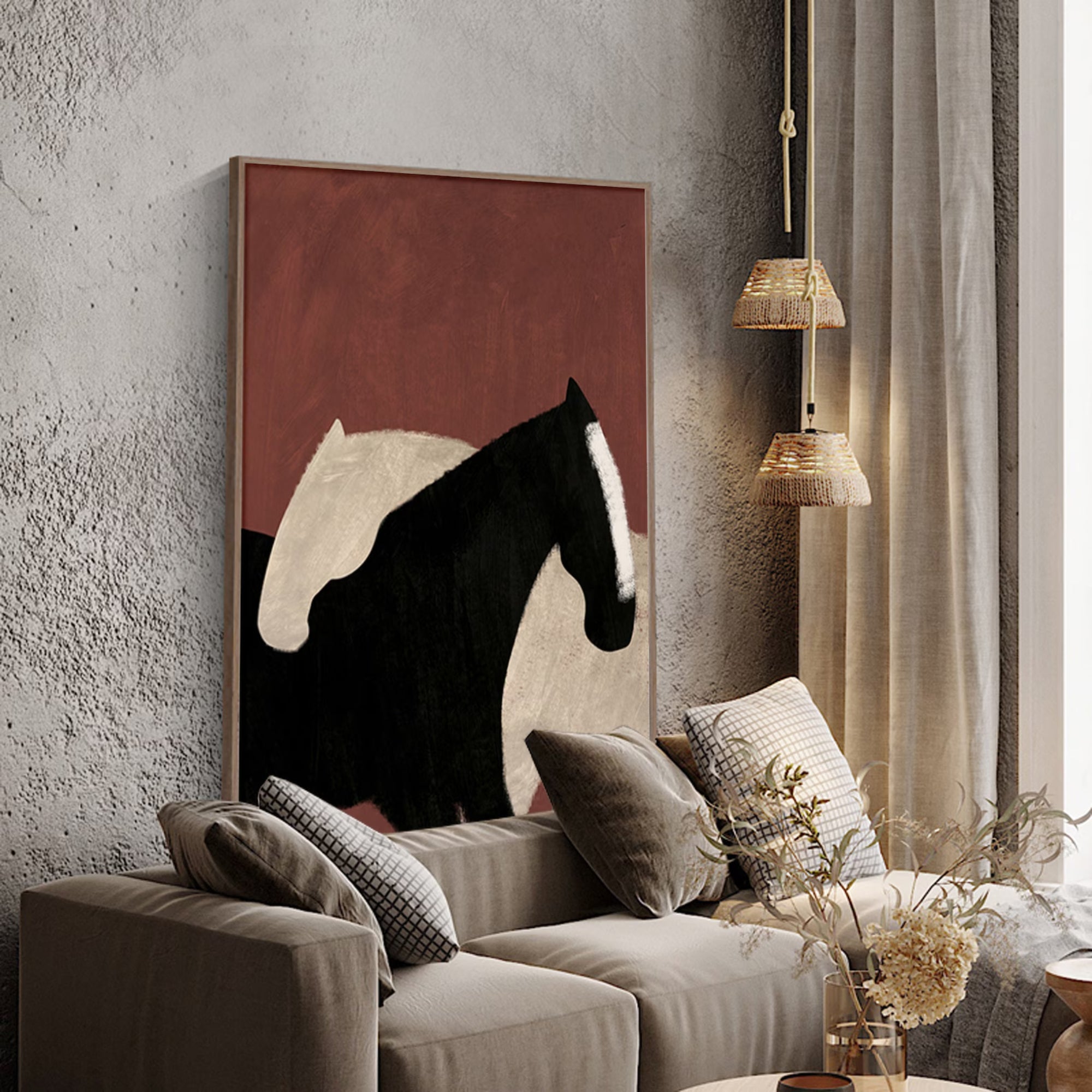 Modern equine-themed oil painting, hand-painted and perfect for cozy living rooms or boutique hotel spaces.